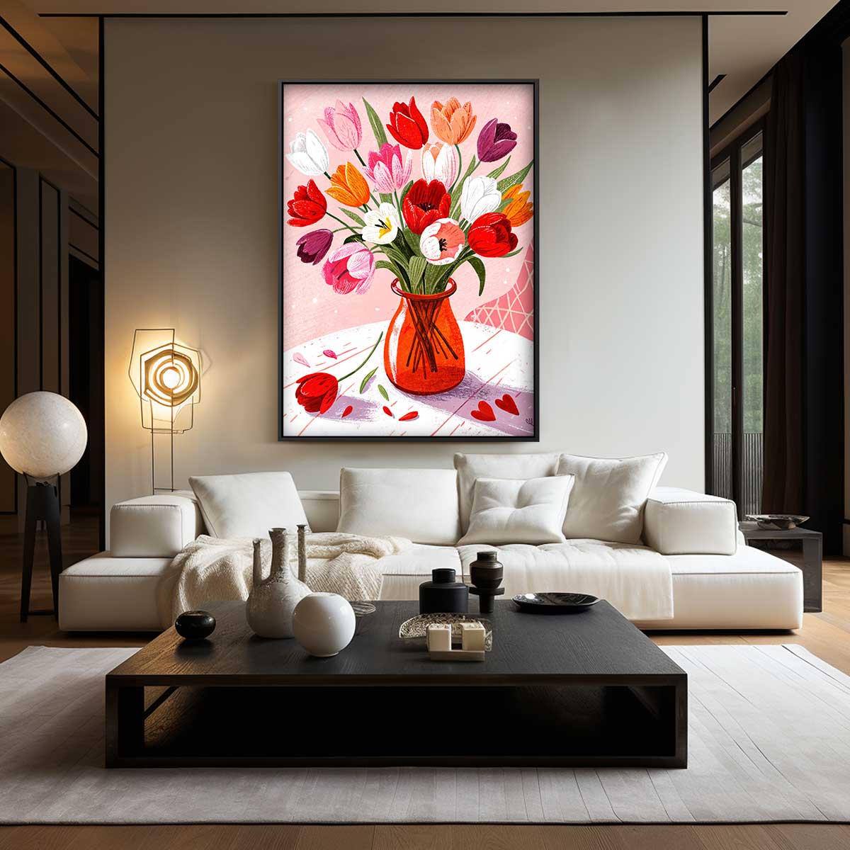 Vrolijk Tulpenboeket Illustratie Kunstwerk-canvas-dibond-plexiglas-wanddecoratie-WallArtistic