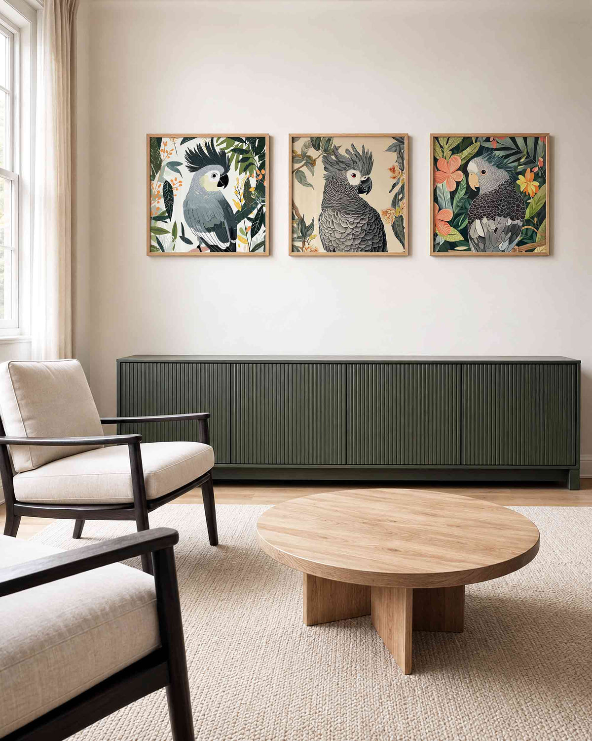 Interieurpresentatie van een driedelige vierkante posterset met papegaaien tussen bladeren