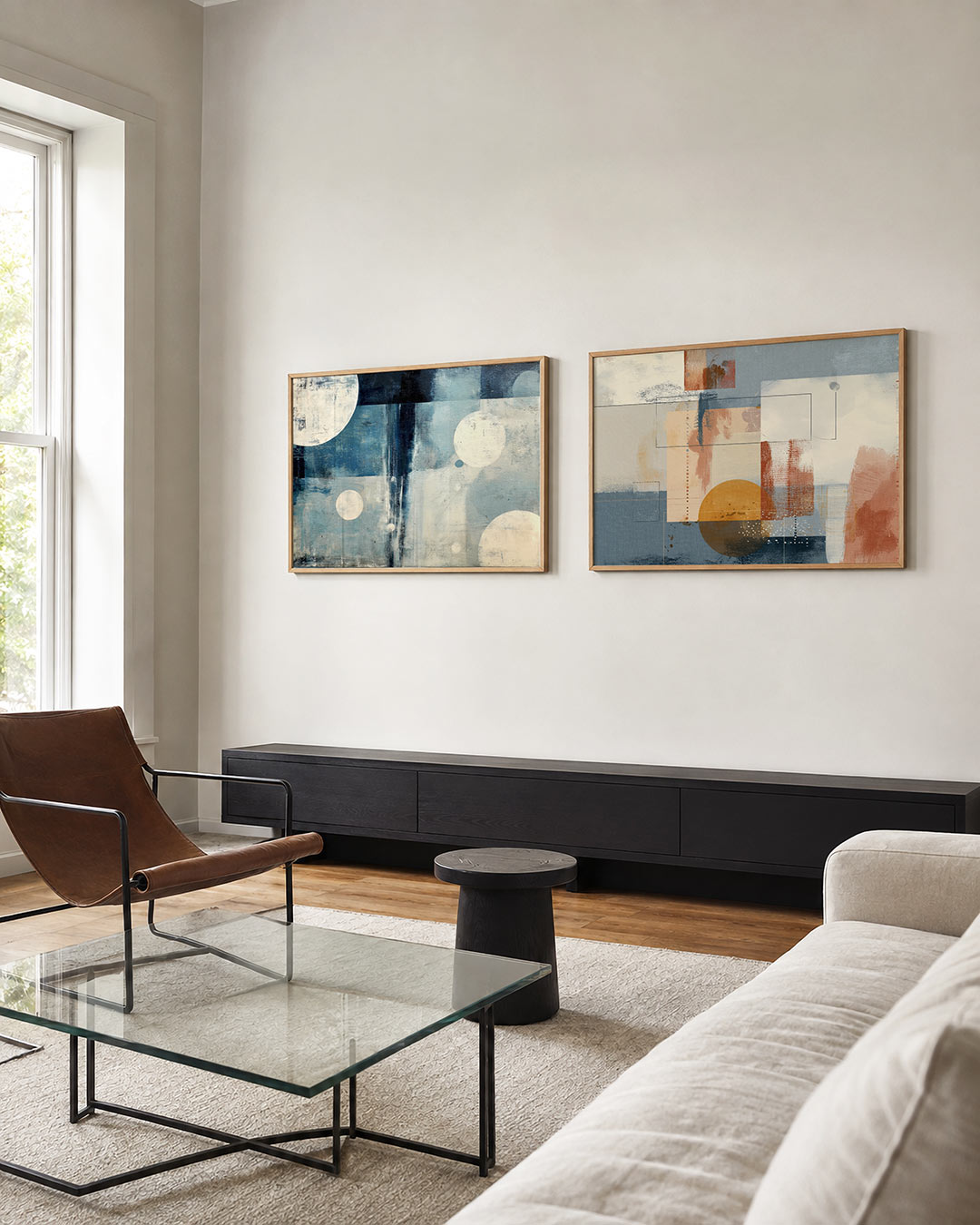 Tweedelige posterset met een spel van grote witte cirkels, getoond in een interieur