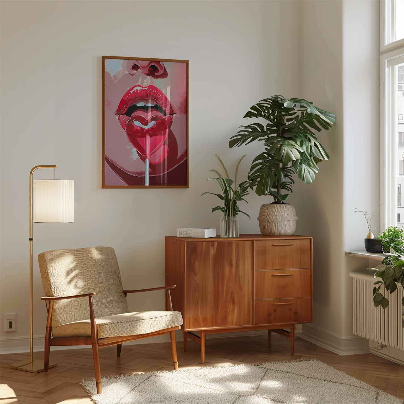 Lippen met Hartvormige Lolly Poster-WallArtistic