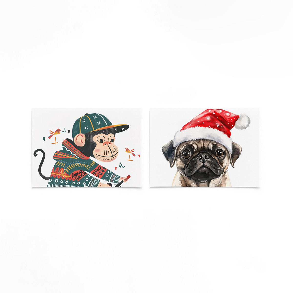 Twee liggende posters met een speelse aap met een pet en kleurrijke trui op een gebroken witte achtergrond