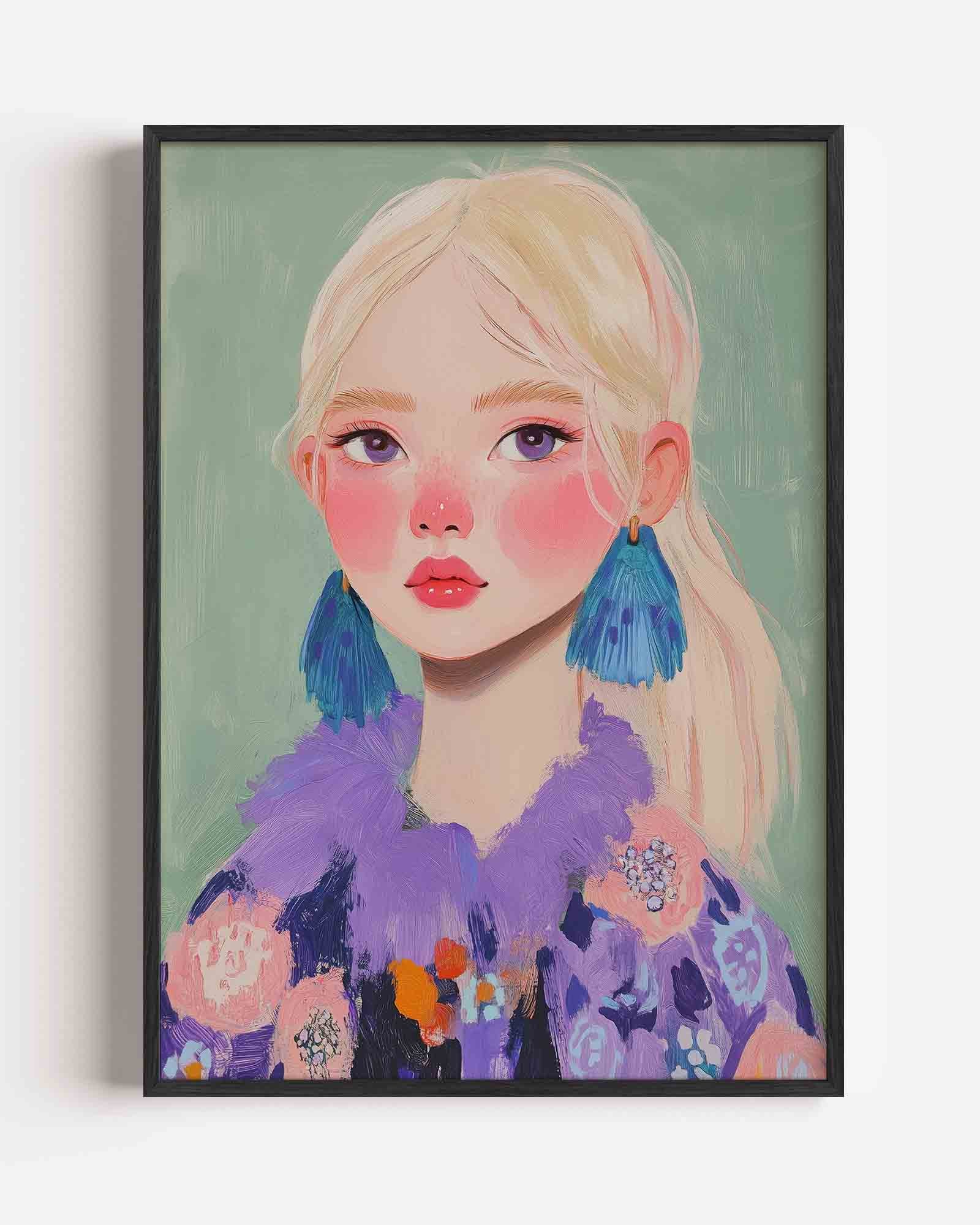 Portret met blauwe oorbellen Poster