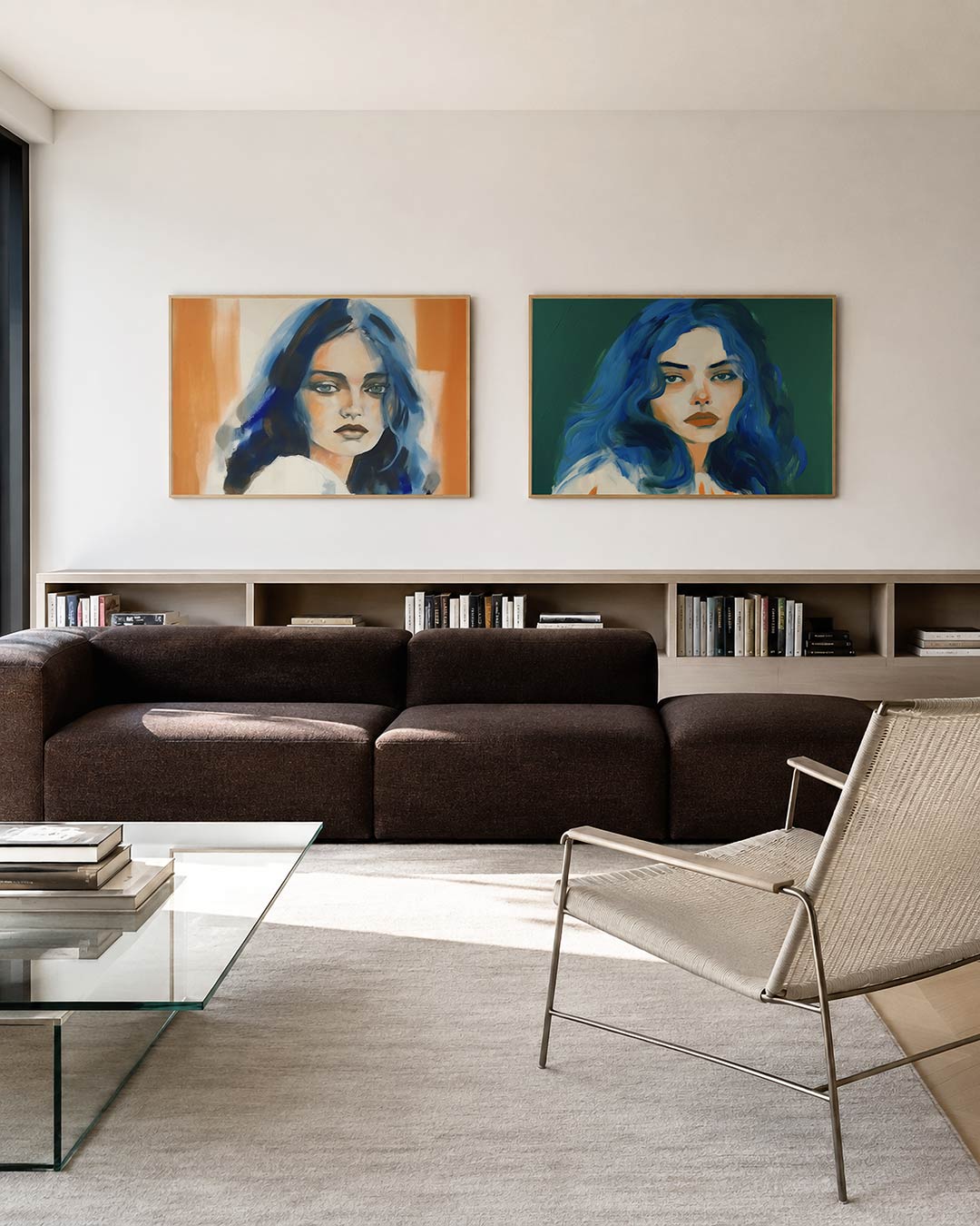 Tweedelige posterset met een vrouwelijk gezicht met blauwe en oranje kleurvlakken, getoond in een interieur
