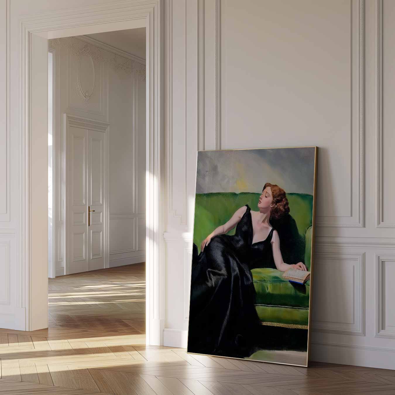 Vrouw op Groene Sofa Poster-WallArtistic