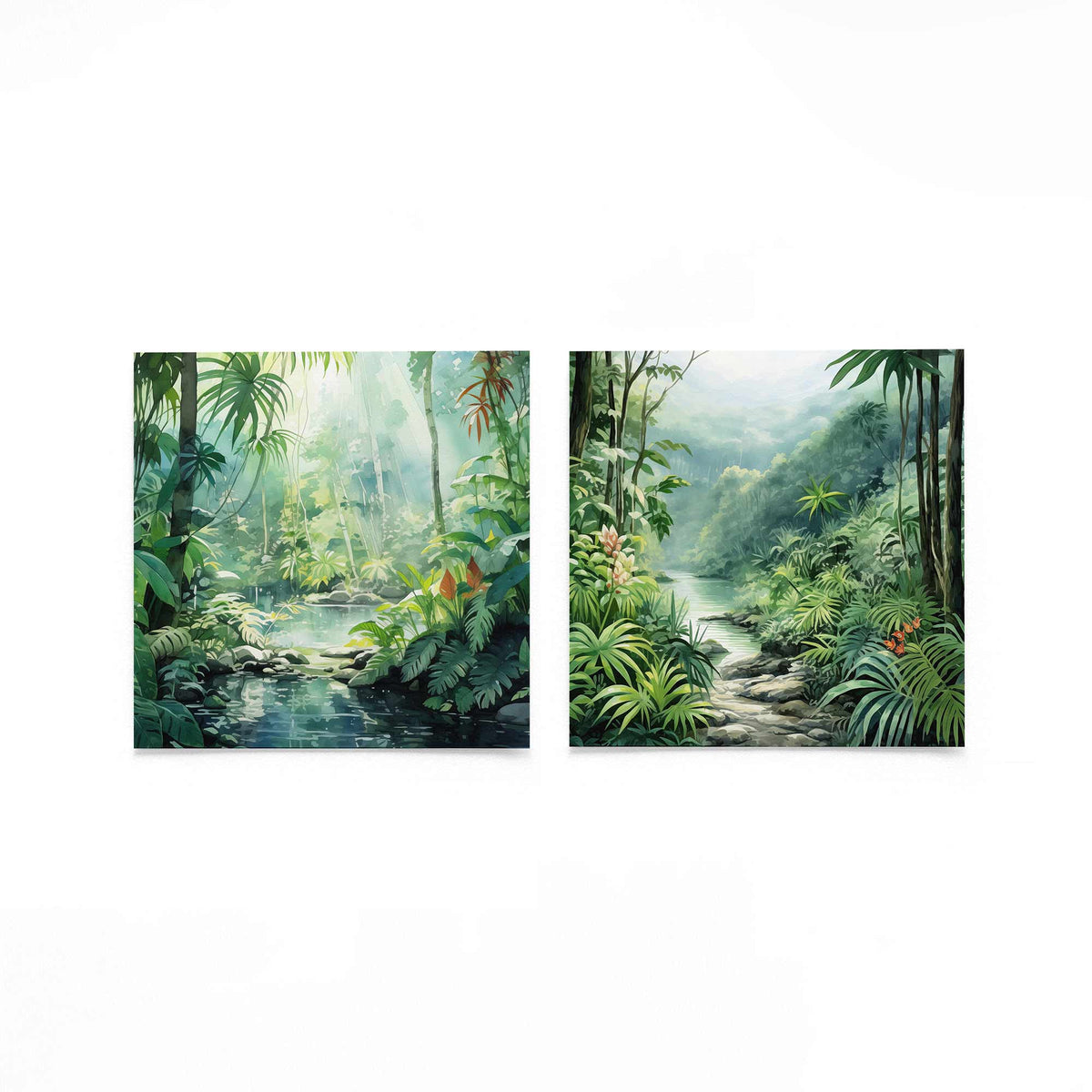 Twee vierkante posters met tropische jungle op een gebroken witte achtergrond