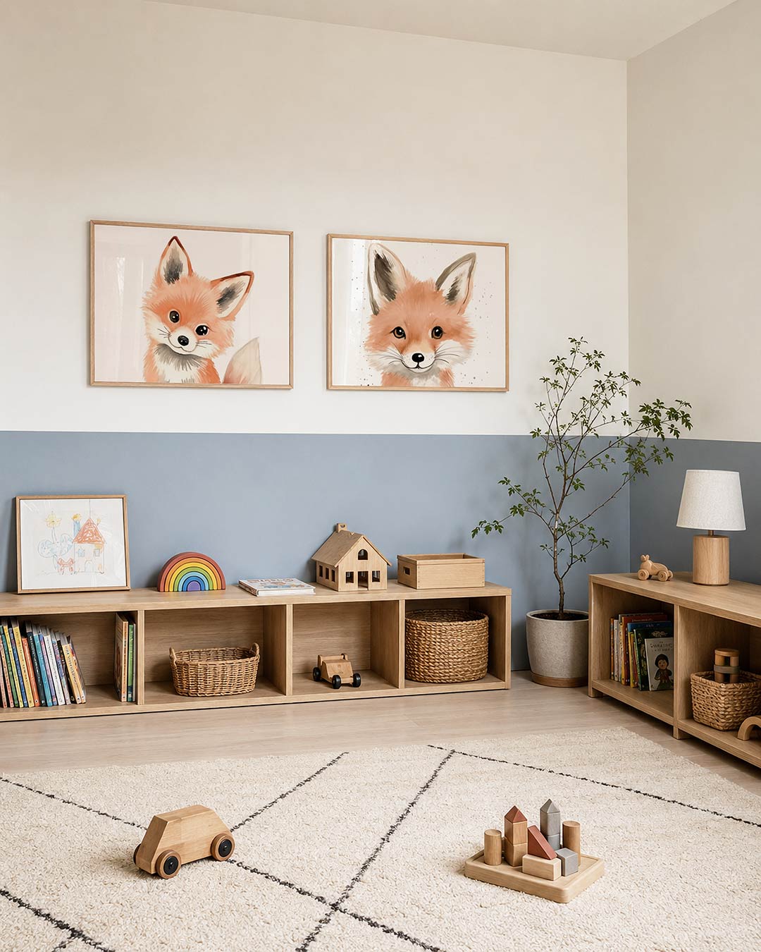Tweedelige posterset met een schattige vos met grote oren en een pluizige staart, getoond in een interieur