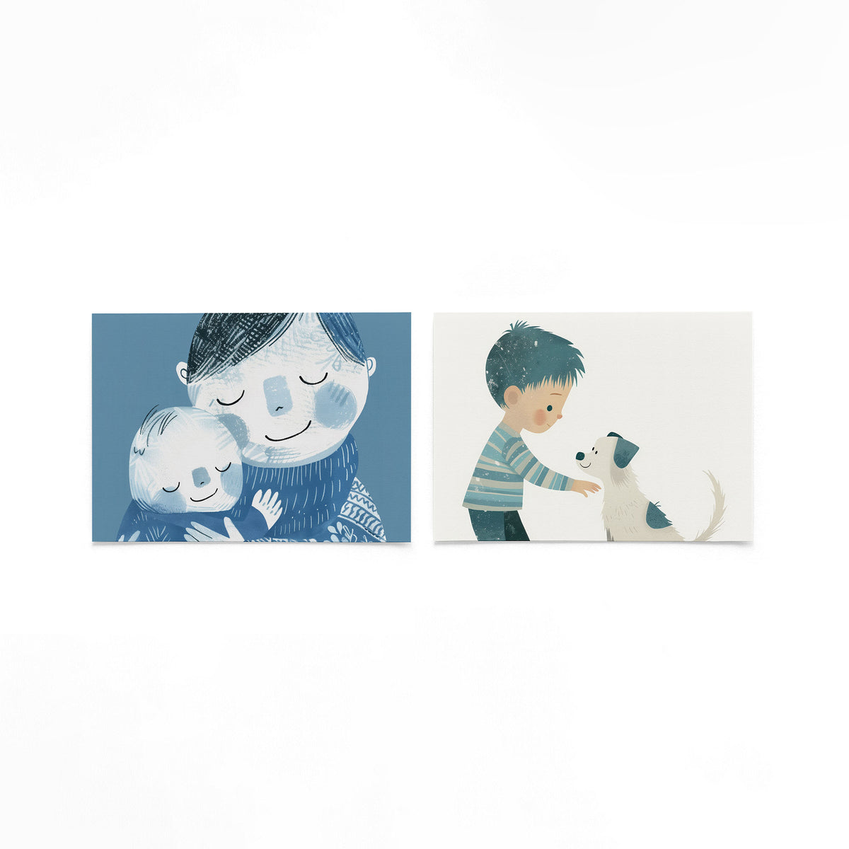 Twee liggende posters met twee figuren omarmen elkaar in een zee van blauw op een gebroken witte achtergrond