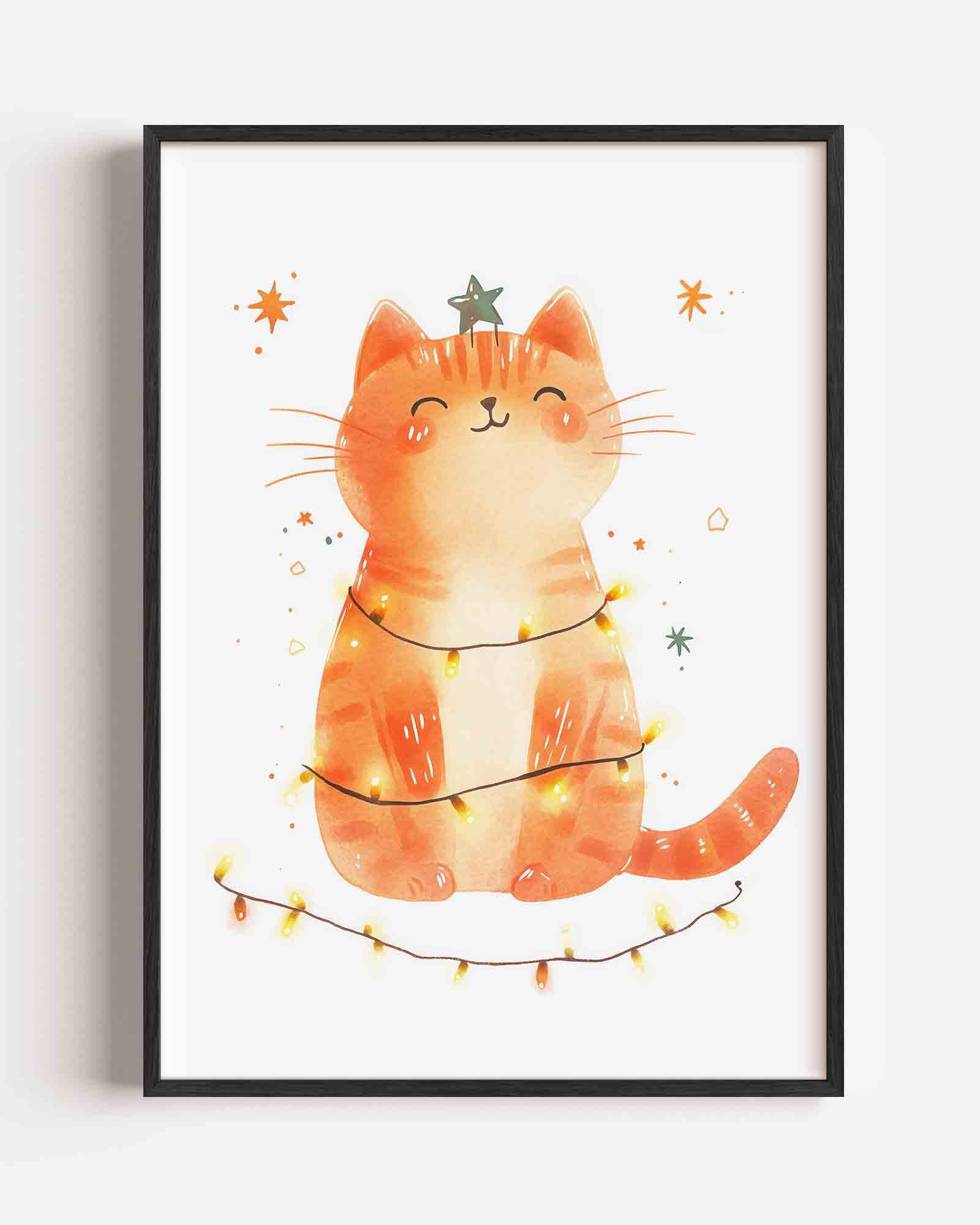 Kerstkat met lichtjes Poster