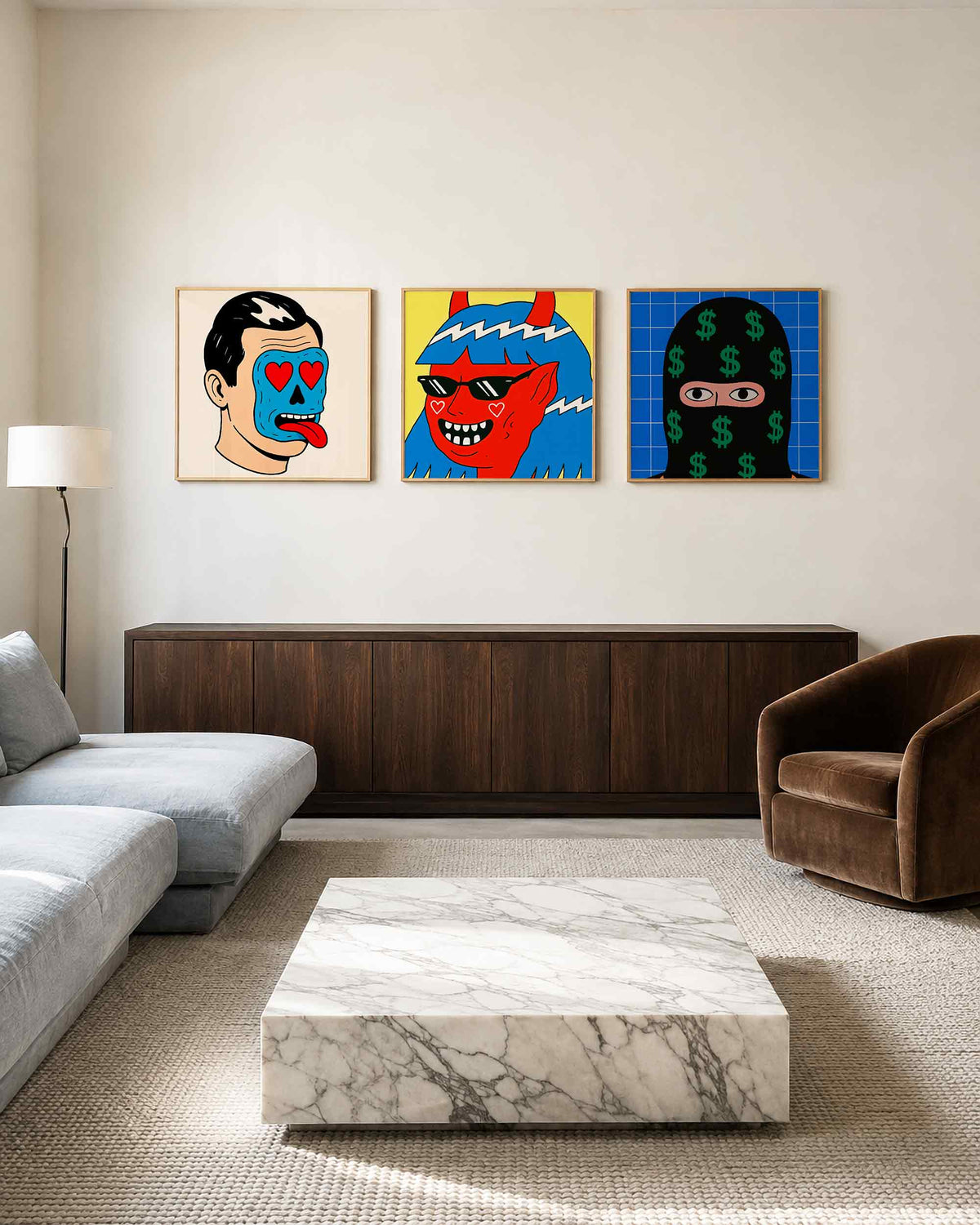 Interieurpresentatie van een driedelige vierkante posterset met pop art gezichten