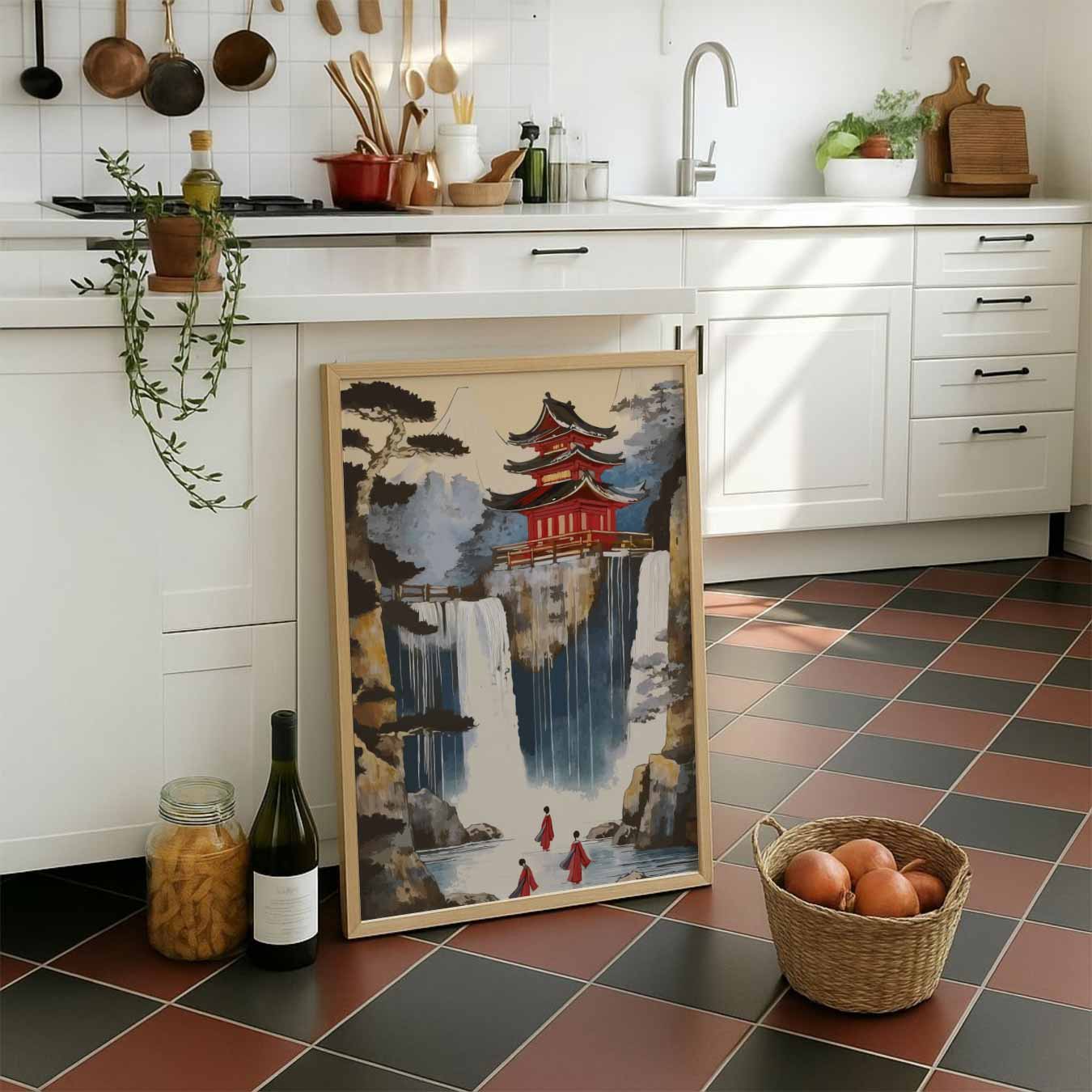 Japanse Waterval Tempel Poster-WallArtistic