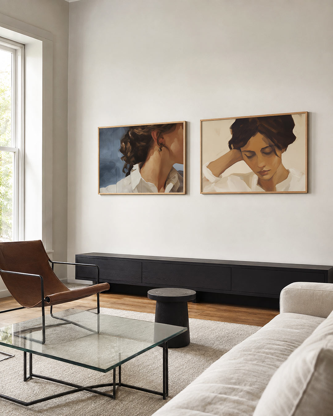 Tweedelige posterset met een vloeiende compositie van zachte kleuren en vormen, getoond in een interieur