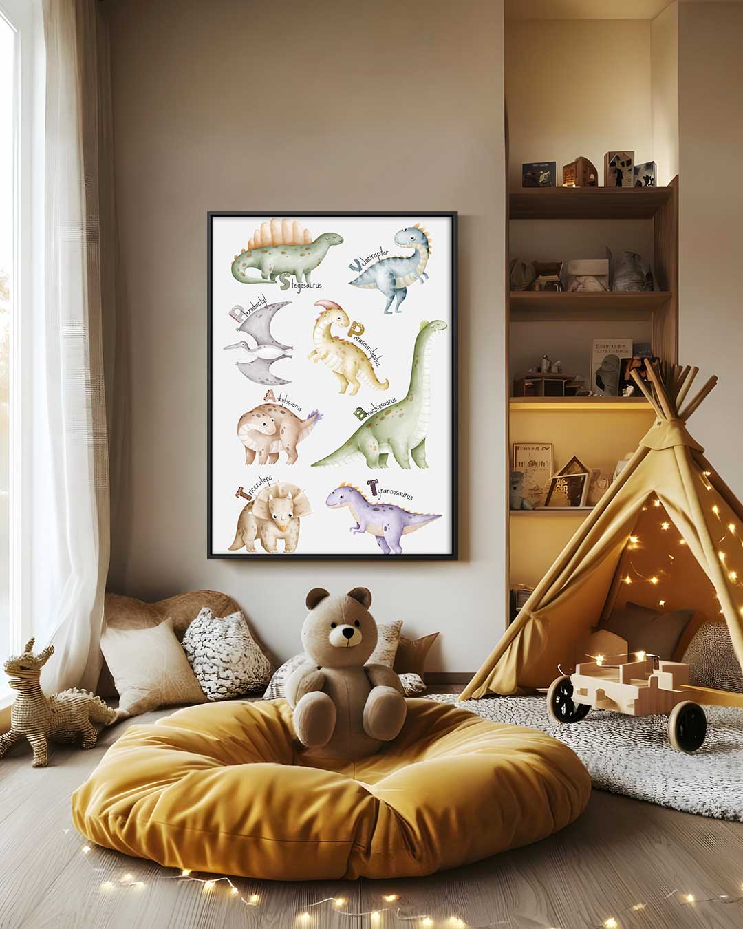 Schattige Dino Illustraties Kunstwerk-canvas-dibond-plexiglas-wanddecoratie-WallArtistic