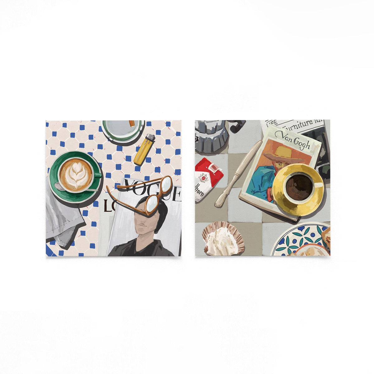 Twee vierkante posters met koffie en van gogh op een gebroken witte achtergrond