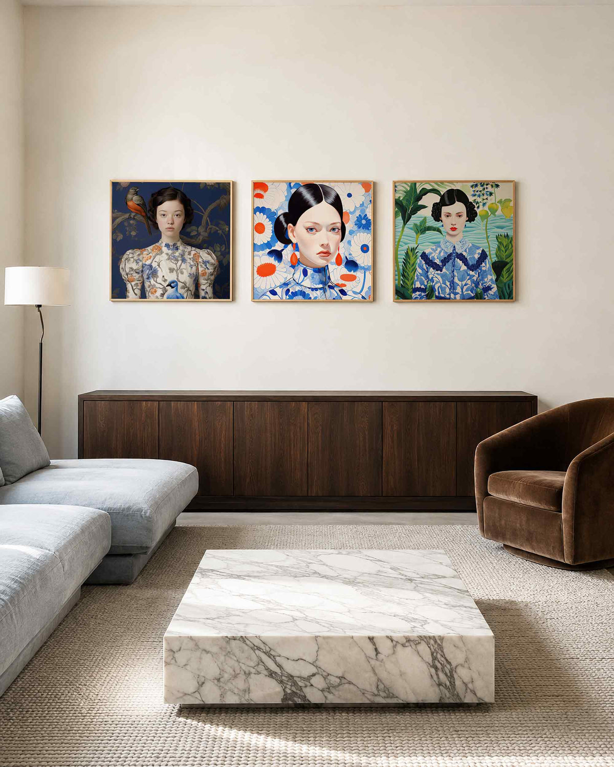 Interieurpresentatie van een driedelige vierkante posterset met vrouwenportretten met bloemen