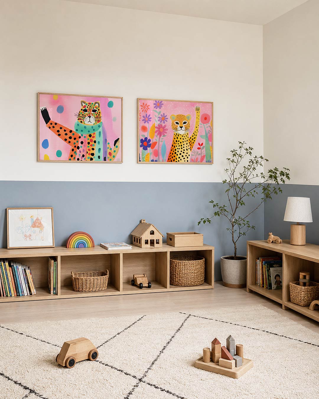 Tweedelige posterset met een kleurrijke kat met stippen en strepen op een roze achtergrond, getoond in een interieur
