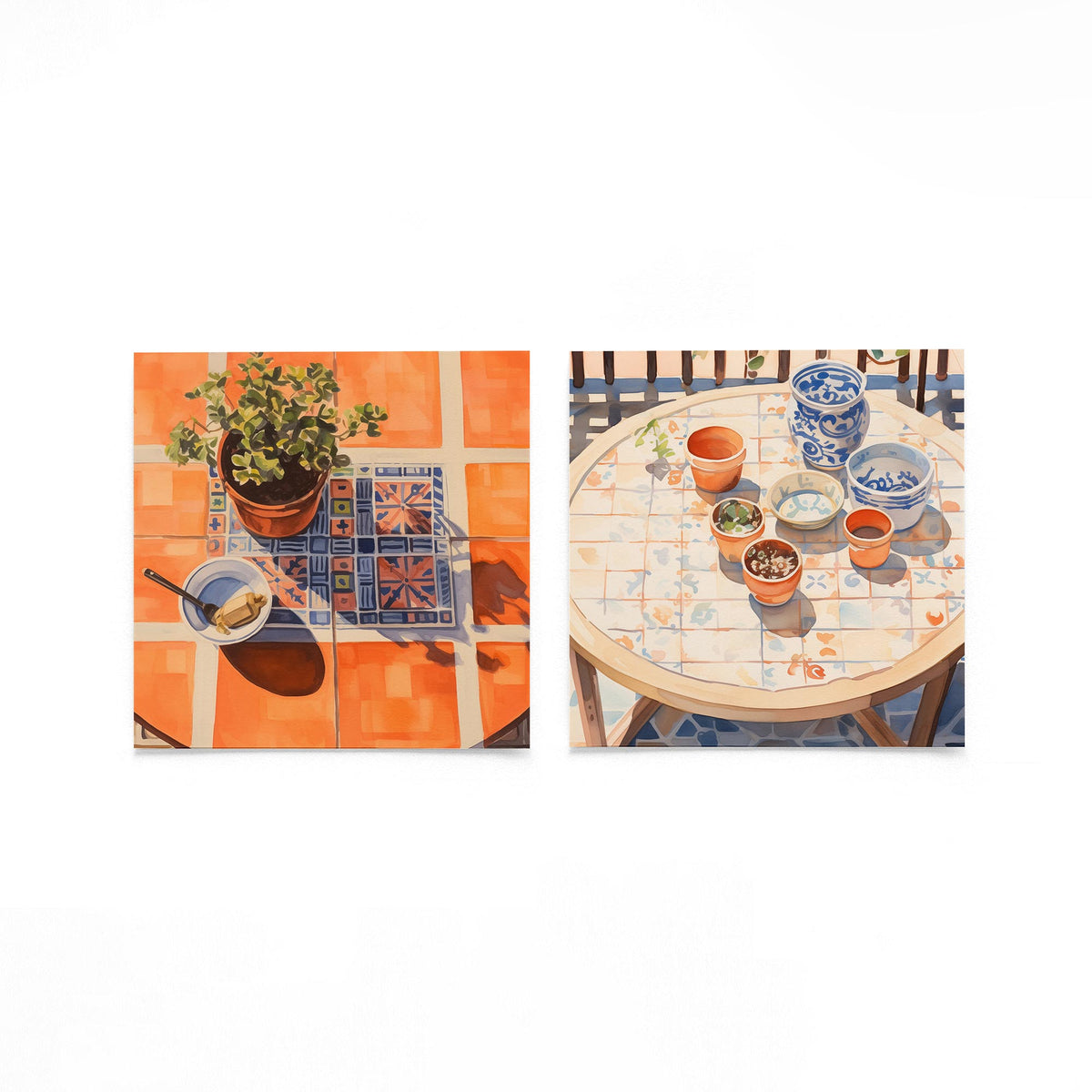 Twee vierkante posters met bloempotten en tegels op een gebroken witte achtergrond