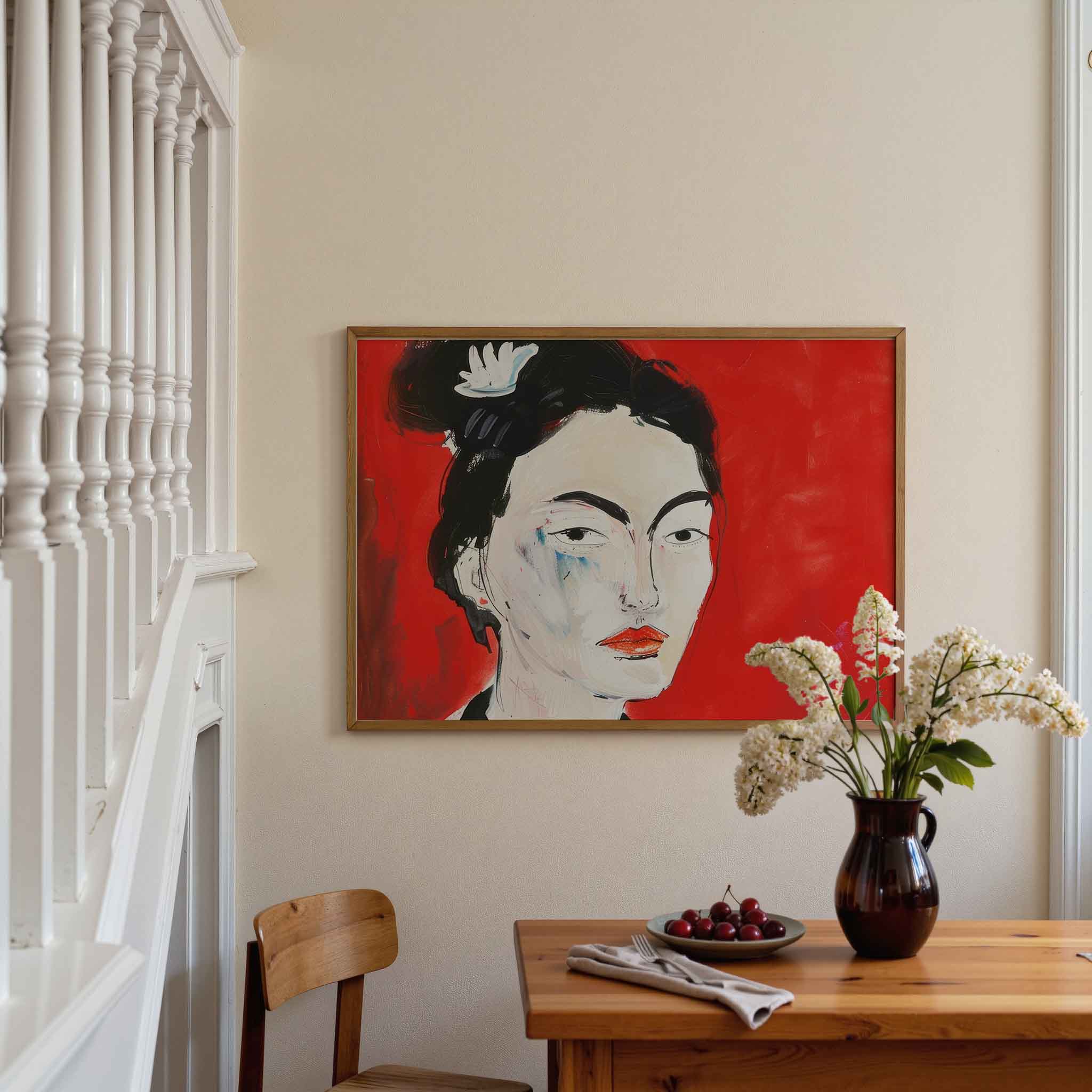 Portret met rode achtergrond Poster