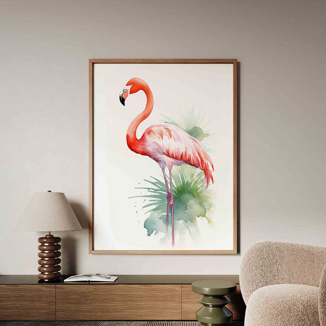 Flamingo met groene bladeren Poster
