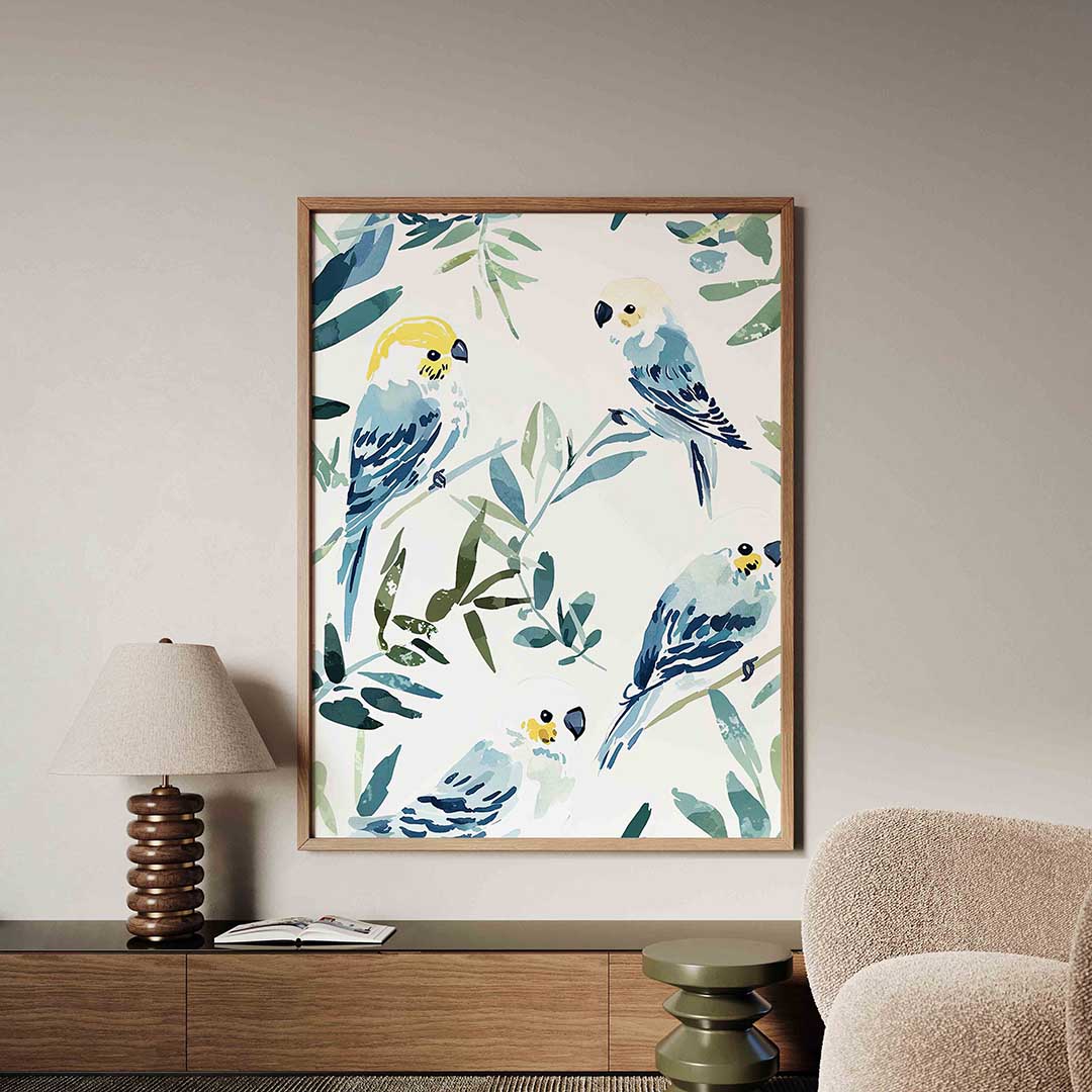 Papegaaien en bladeren Poster