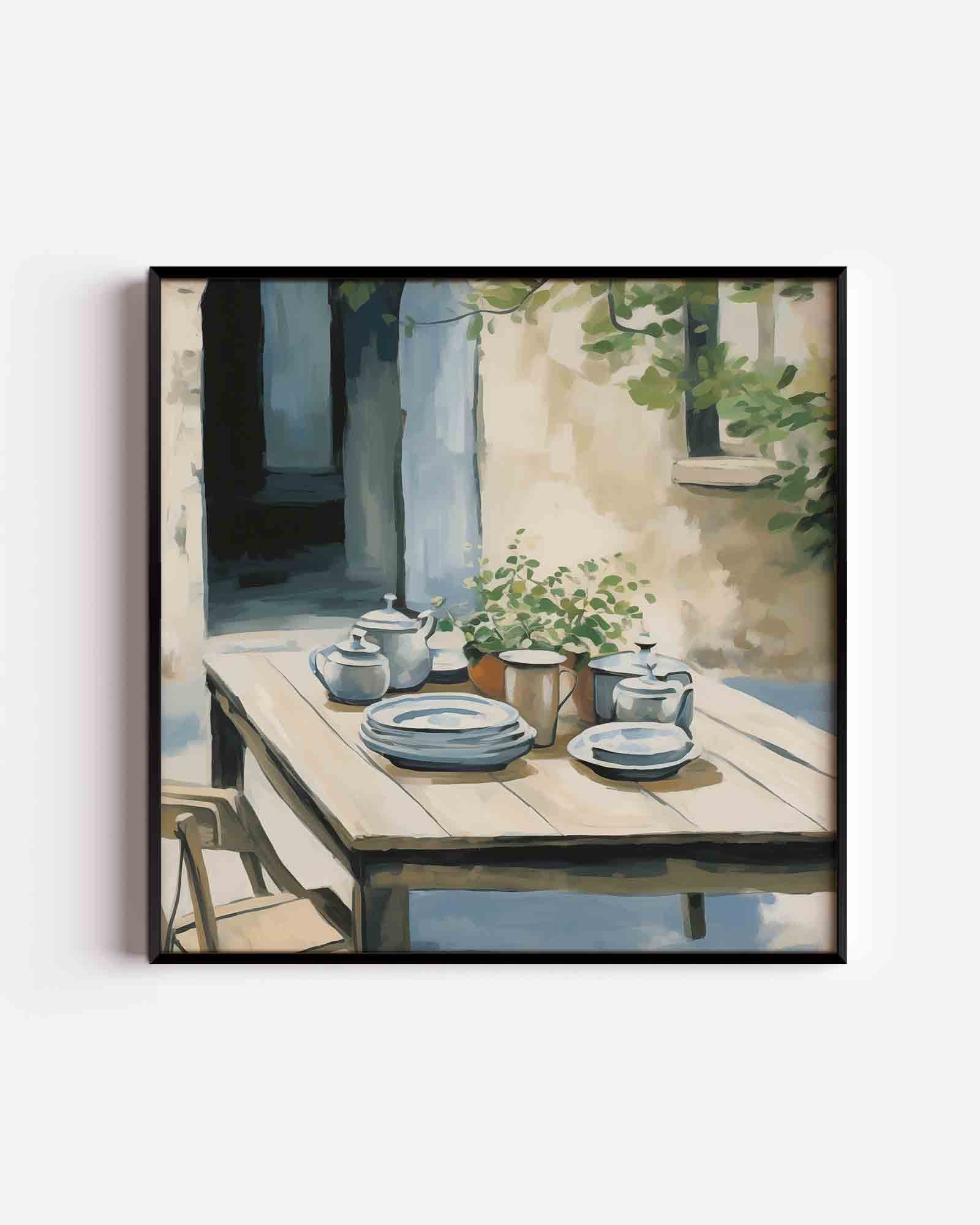 Buiten tafel met servies Poster