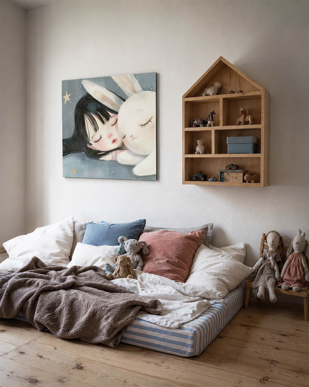 Dromerig kind en konijn Kunstwerk