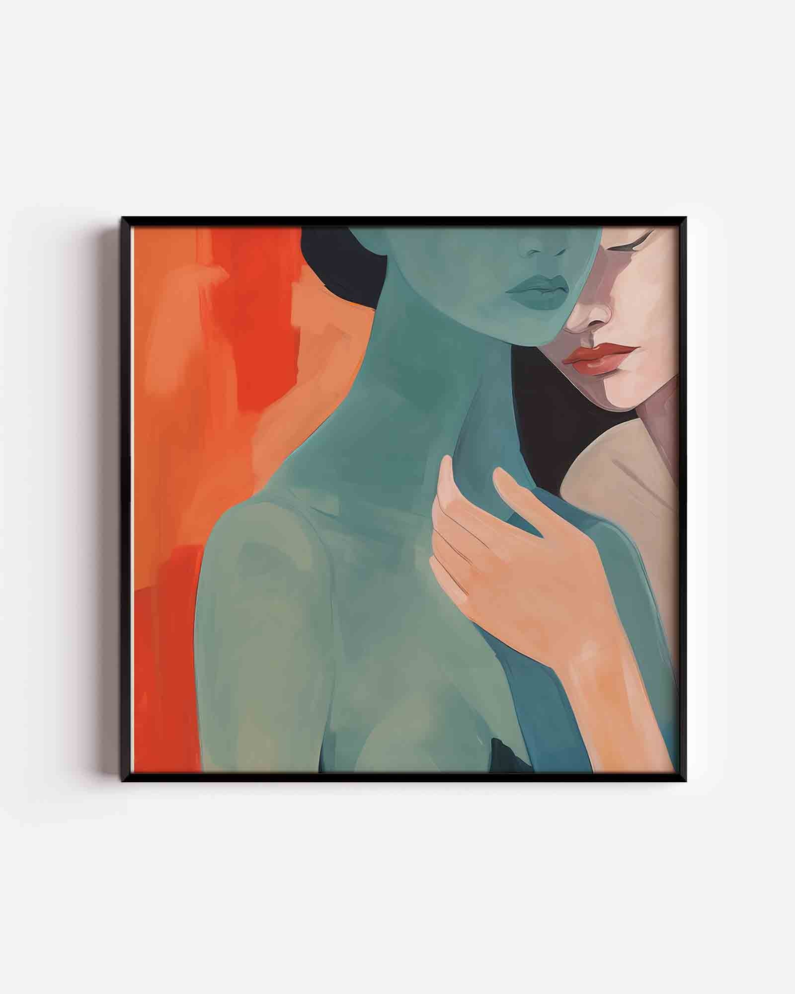 Twee figuren met oranje achtergrond Poster