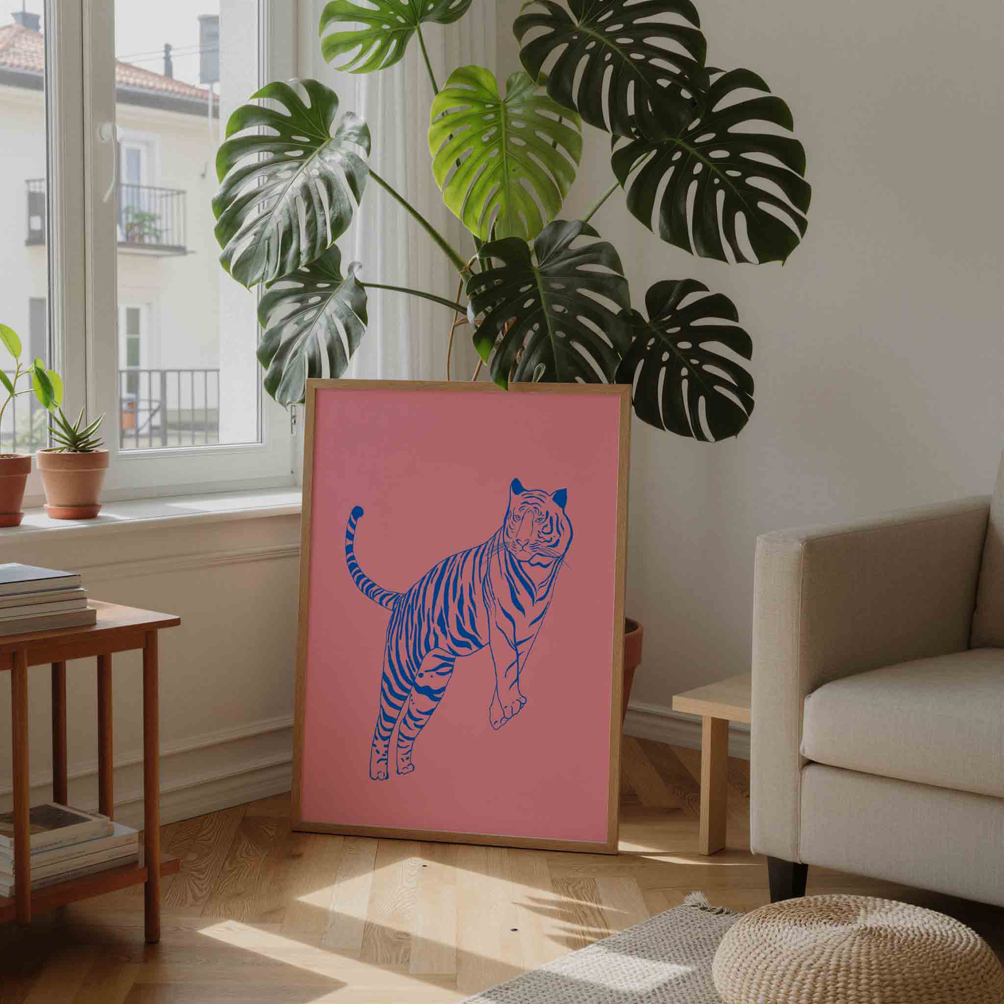 Tijger op roze achtergrond Poster