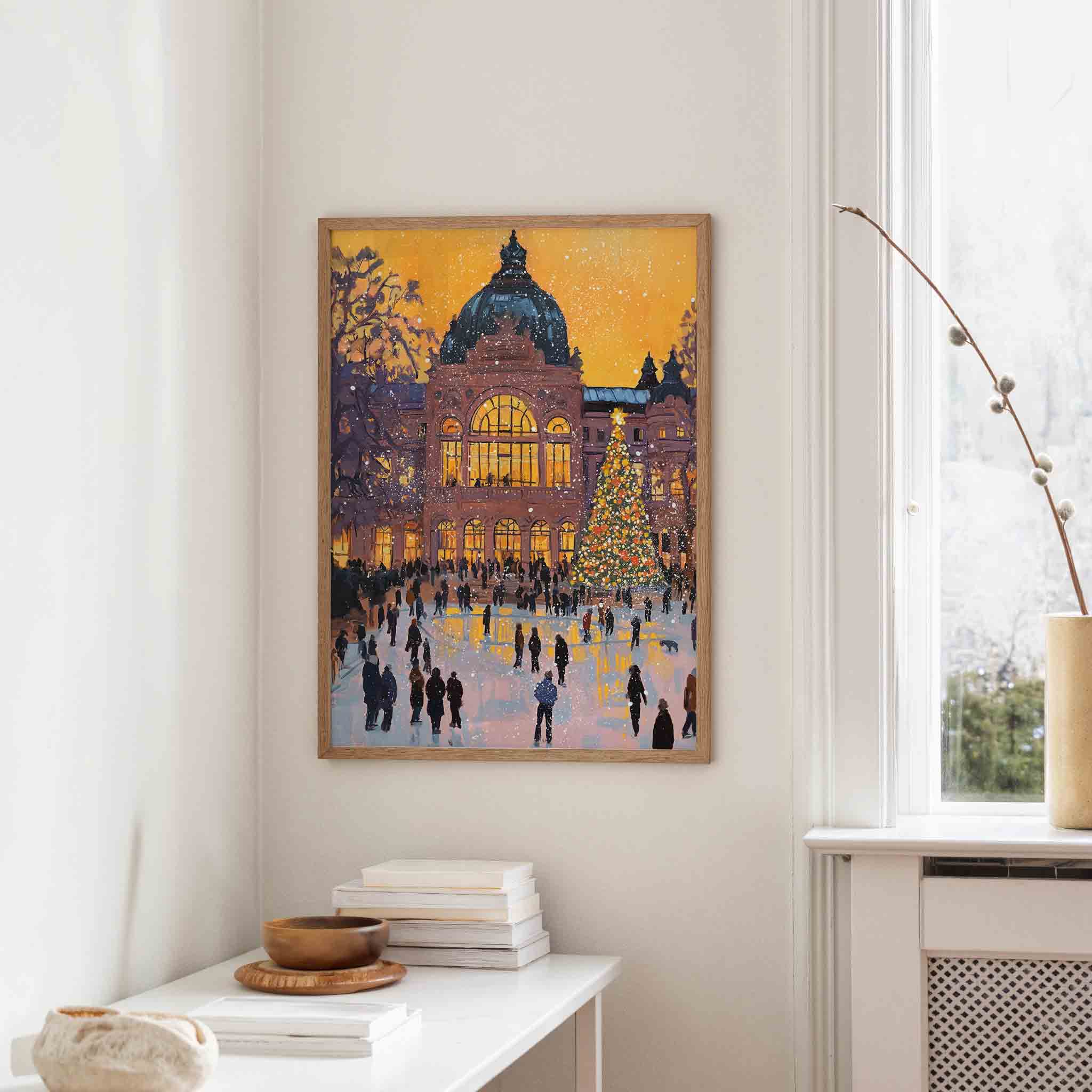 Winteravond bij verlichte hal Poster