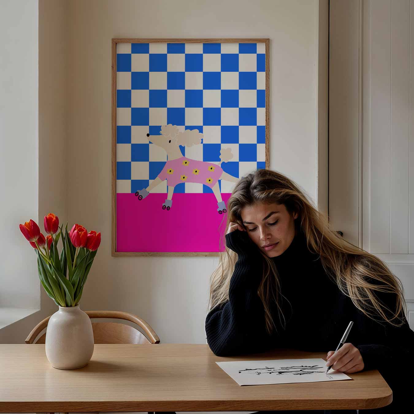 Vrolijke Poedel op Rolschaatsen Poster-WallArtistic