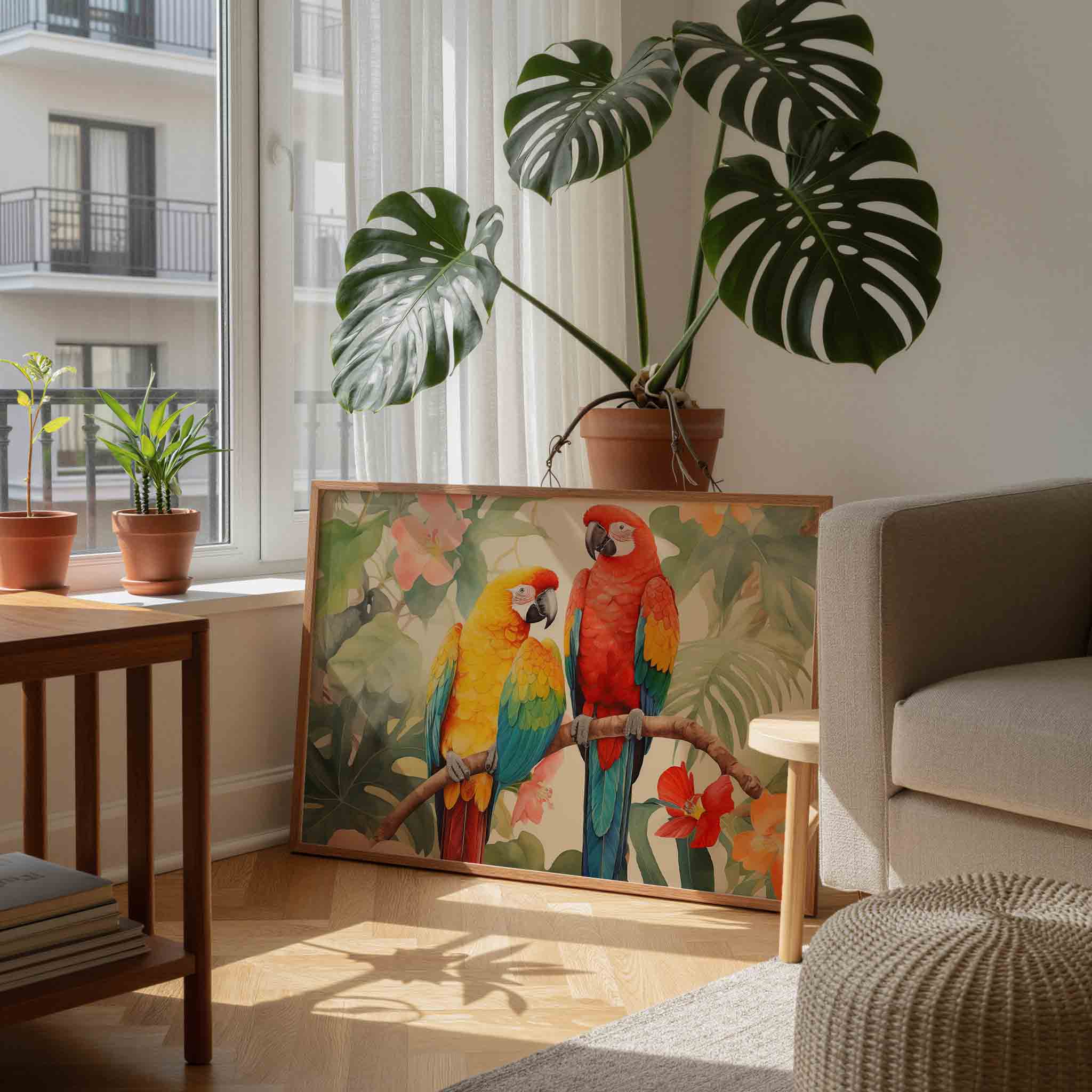 Papegaaien en bloemen Poster