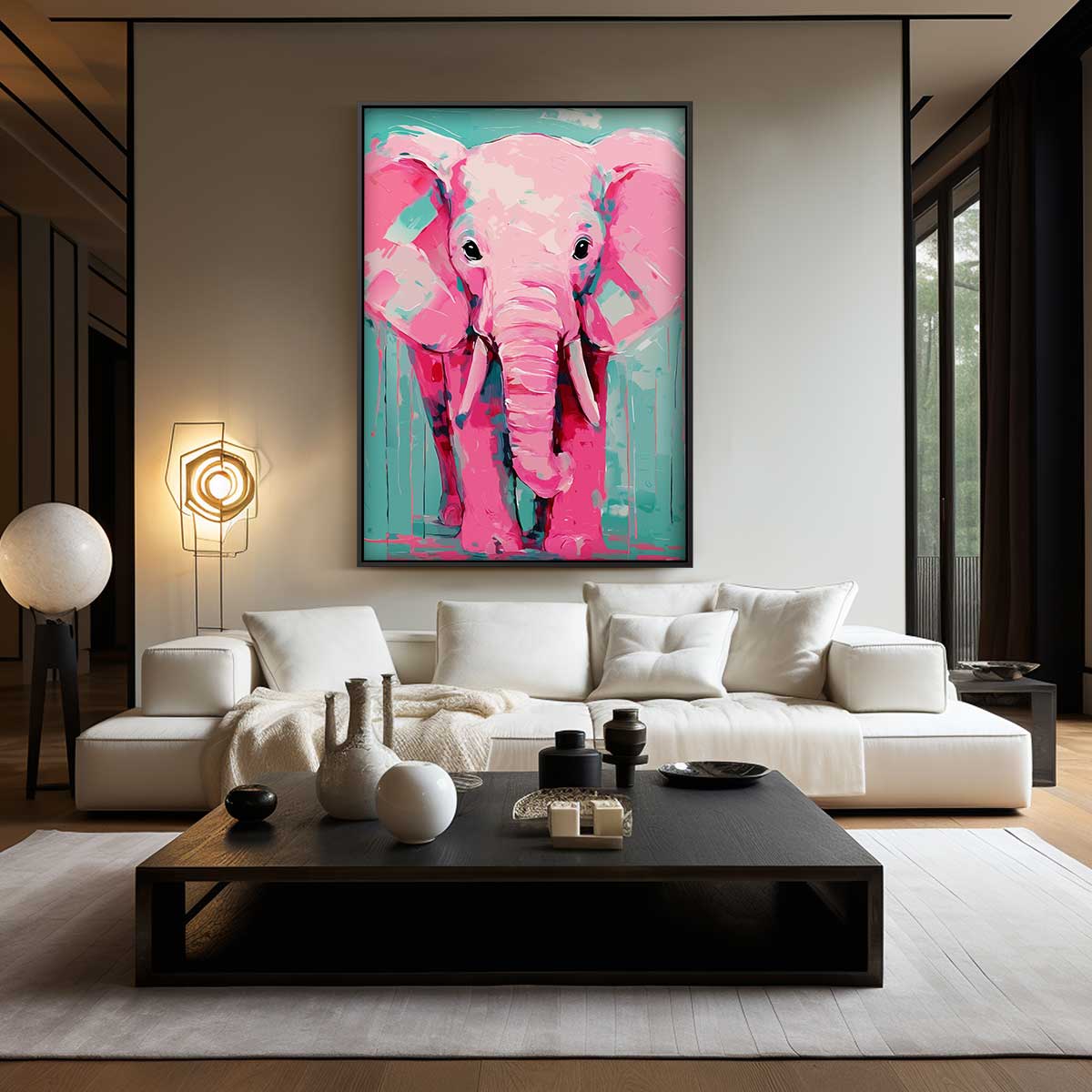 Vrolijke Roze Olifant Kunstwerk-canvas-dibond-plexiglas-wanddecoratie-WallArtistic
