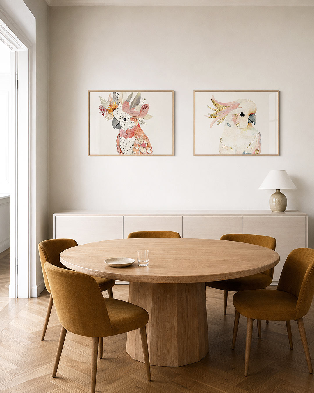 Tweedelige posterset met een kleurrijke vogel met een kroon van bladeren en bloemen, getoond in een interieur