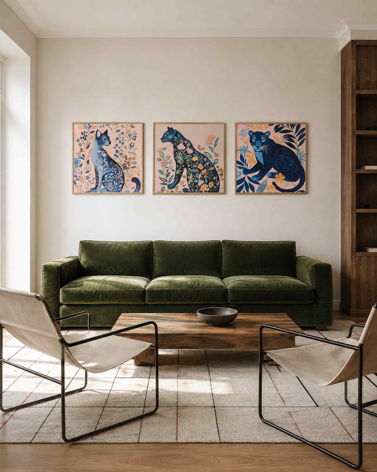 Interieurpresentatie van een driedelige vierkante posterset met blauwe katten