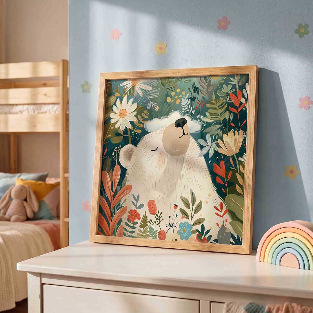 Witte beer en bloemen Poster