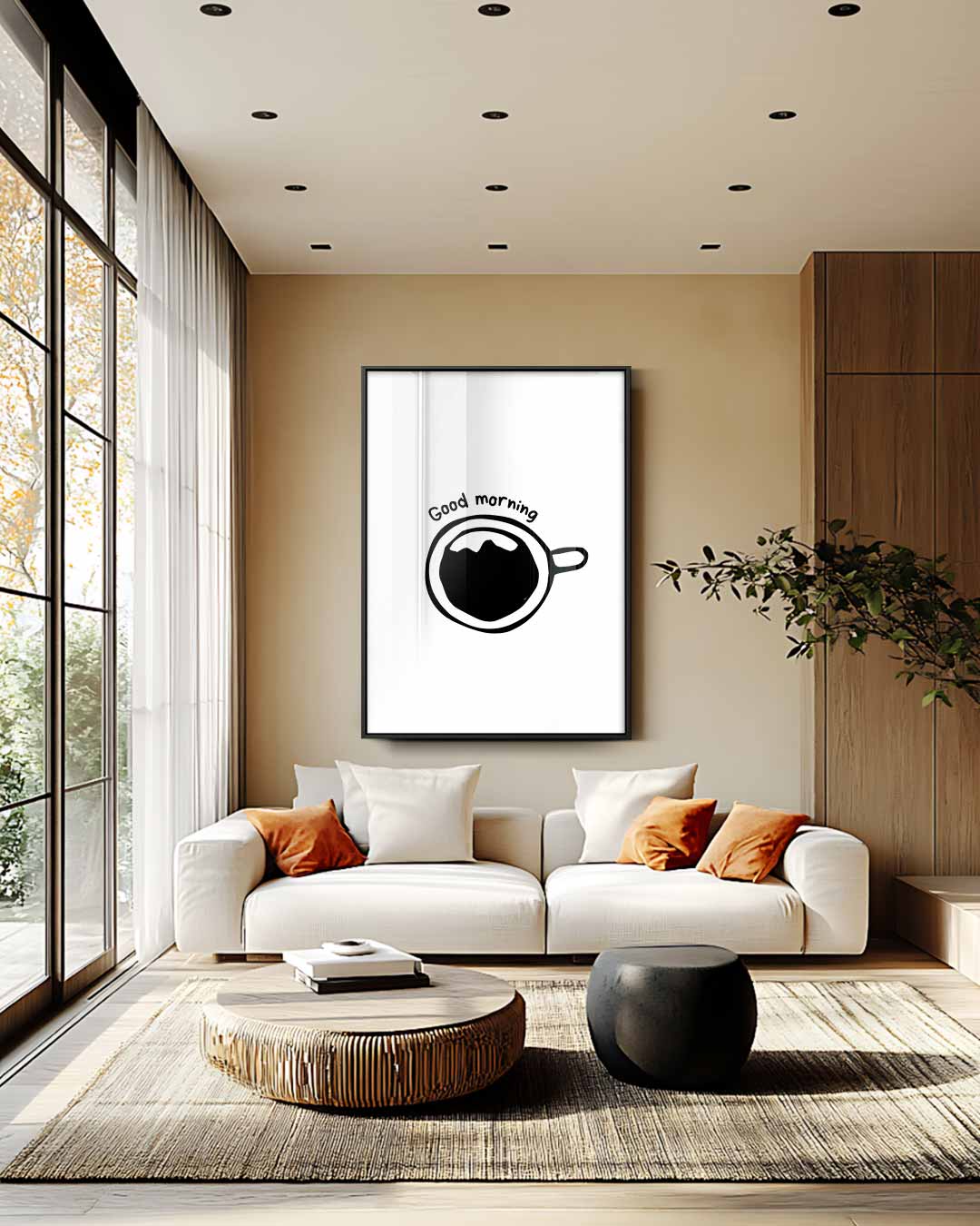 Zwart-wit Goede Morgen Koffie Illustratie Kunstwerk-canvas-dibond-plexiglas-wanddecoratie-WallArtistic