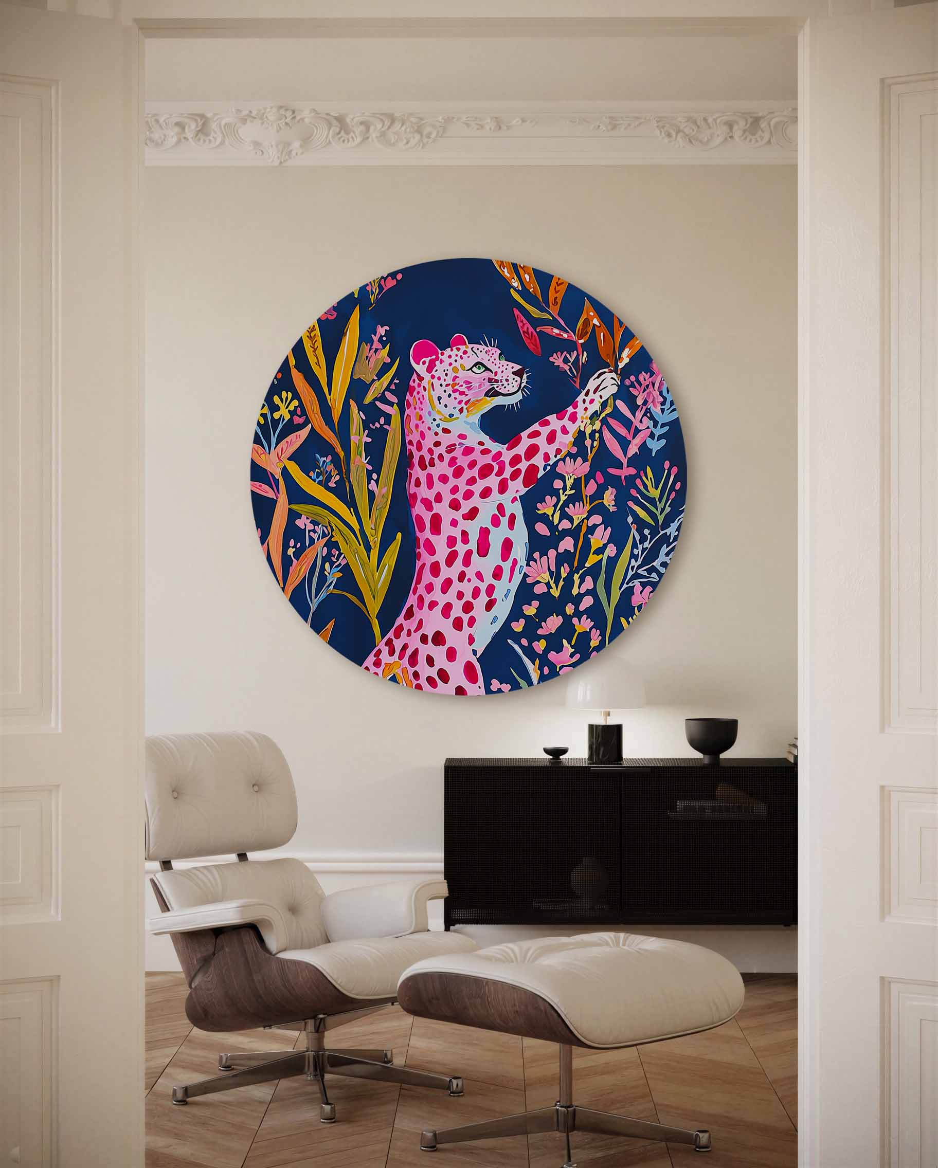 Roze luipaard met bloemen Muurcirkel