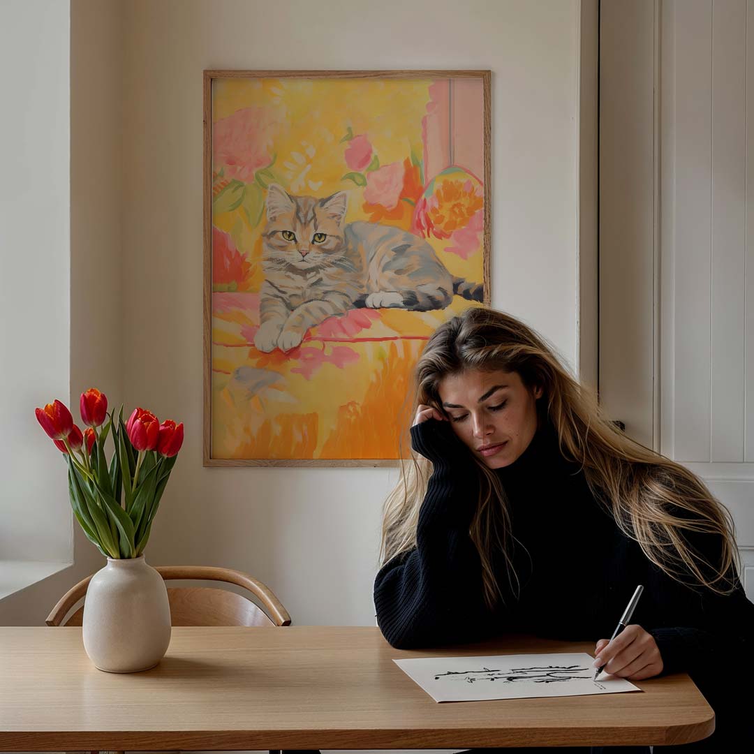 Vrolijke Kattenposter met Bloemen Poster-WallArtistic