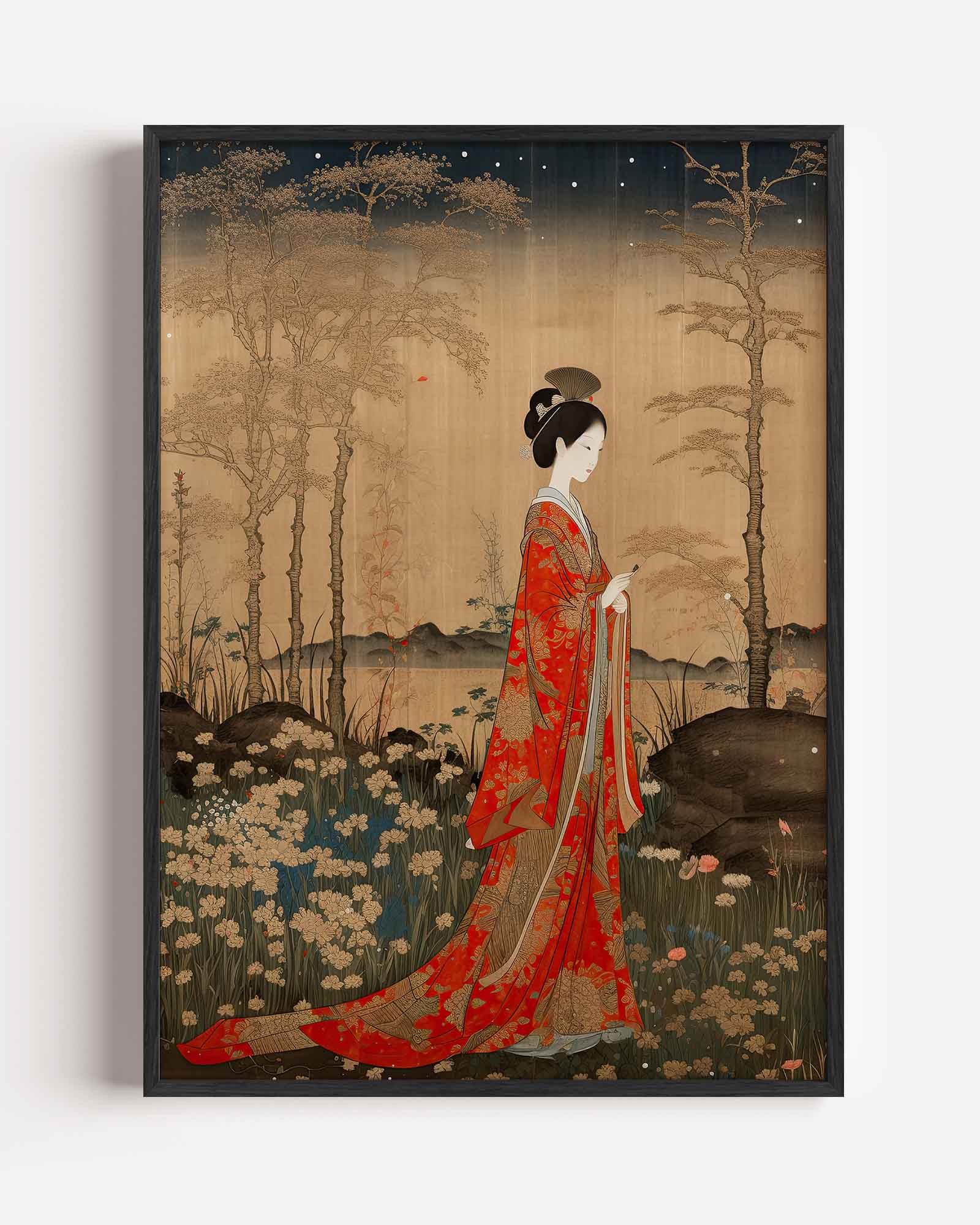 Vrouw in rode kimono Poster