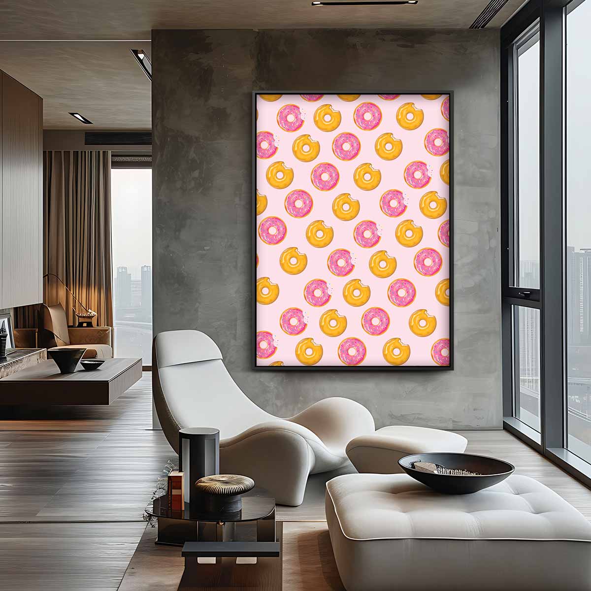 Vrolijke Donut Herhaling Kunstwerk-canvas-dibond-plexiglas-wanddecoratie-WallArtistic