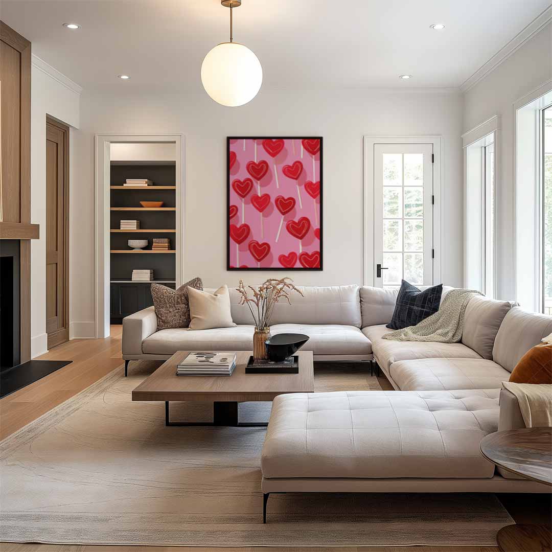 Hartvormige Lollies Op Roze Achtergrond Kunstwerk-canvas-dibond-plexiglas-wanddecoratie-WallArtistic