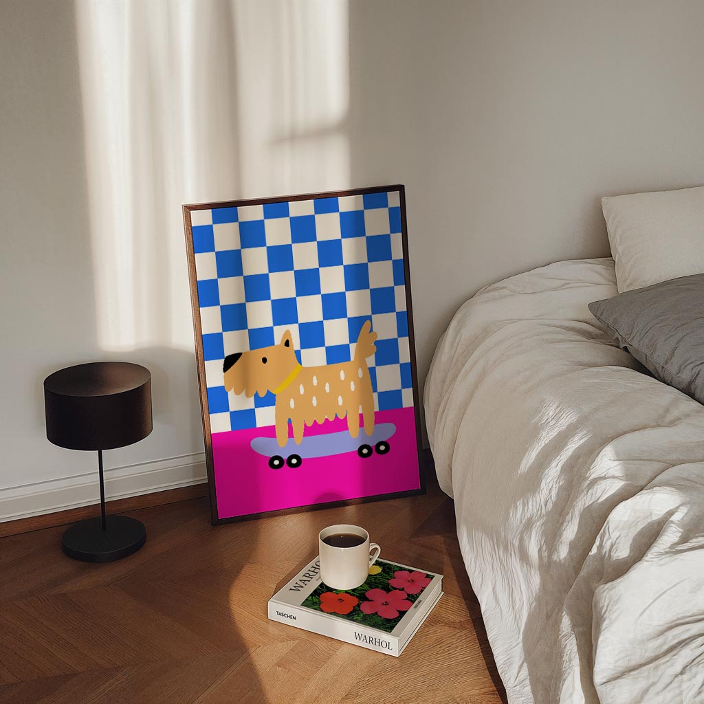 Schattige Hond op Skateboard Poster-WallArtistic