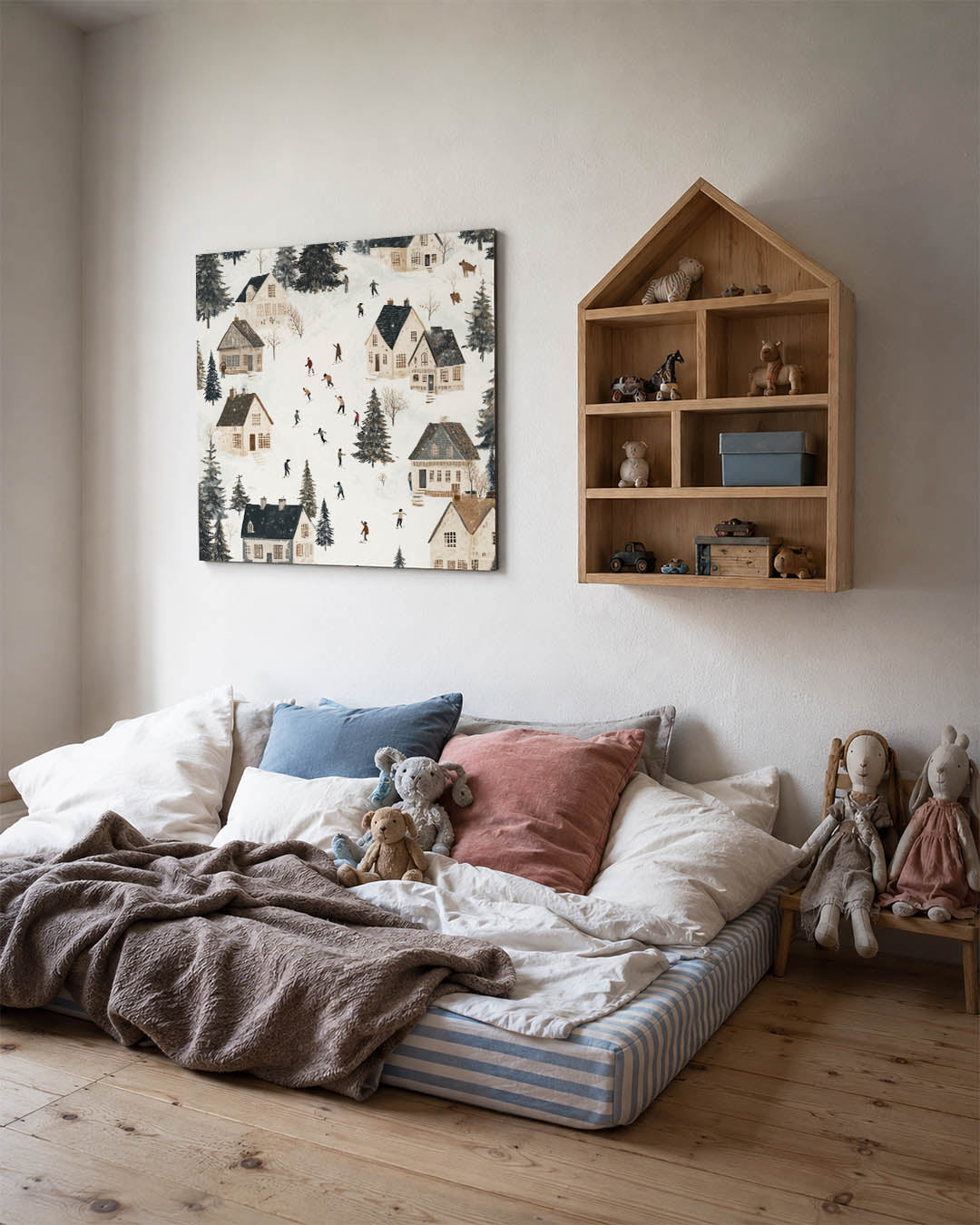 Winterse dorpsscène Kunstwerk