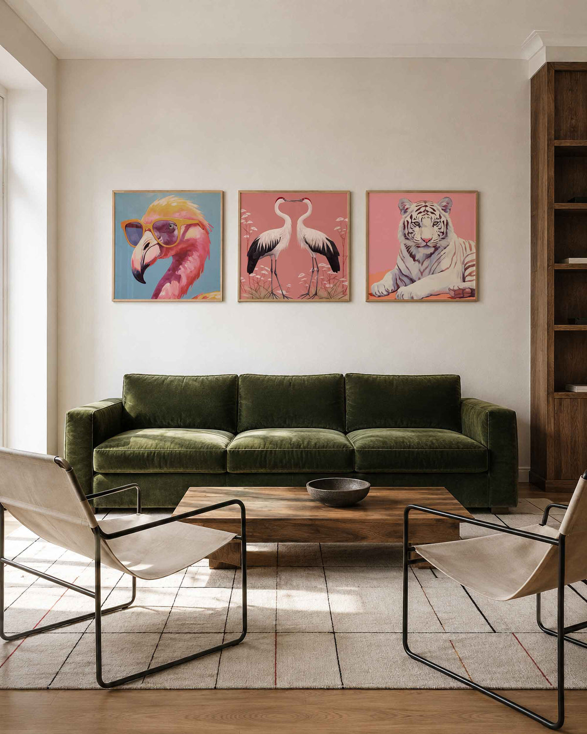 Interieurpresentatie van een driedelige vierkante posterset met dierenportretten