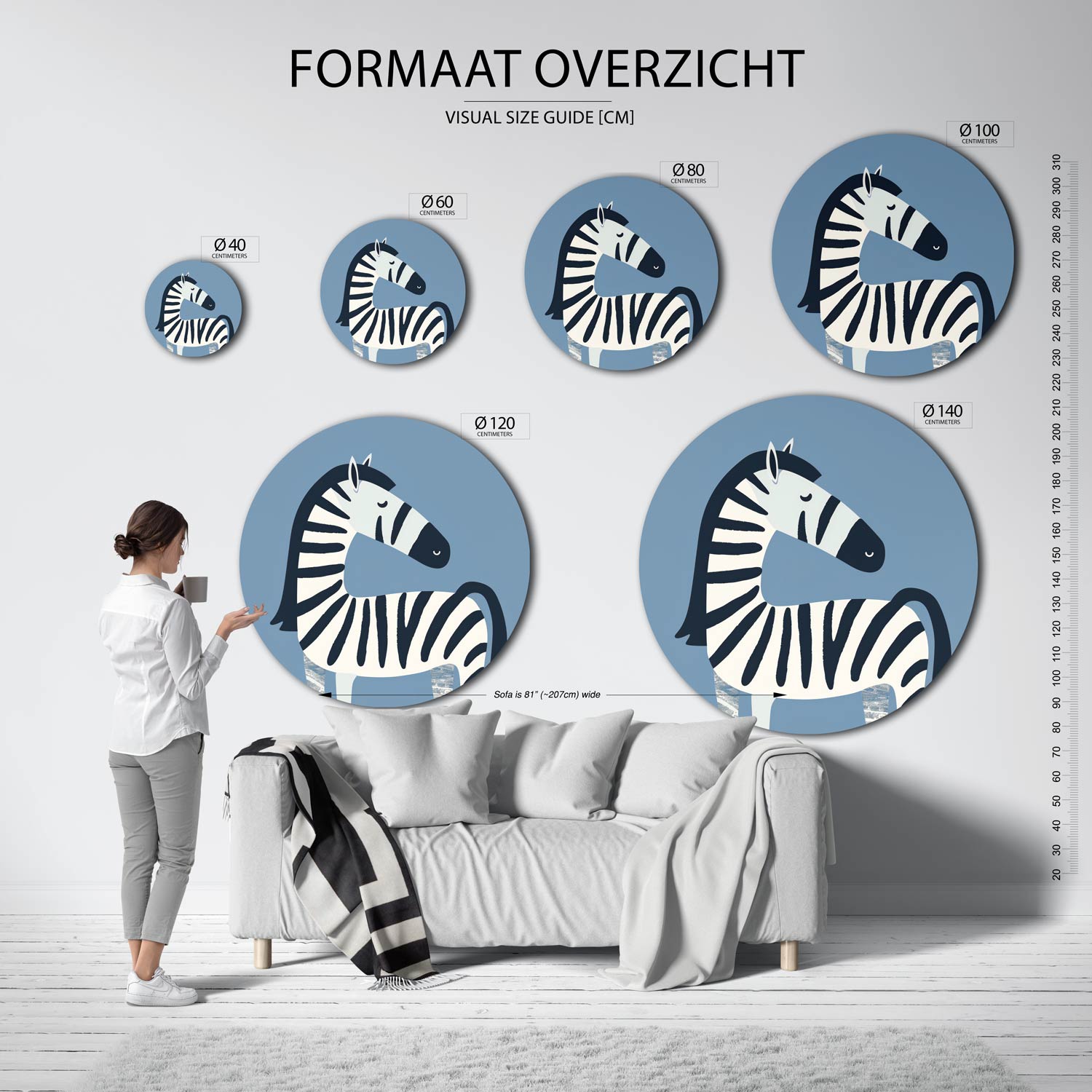 Zebra op blauwe achtergrond Muurcirkel