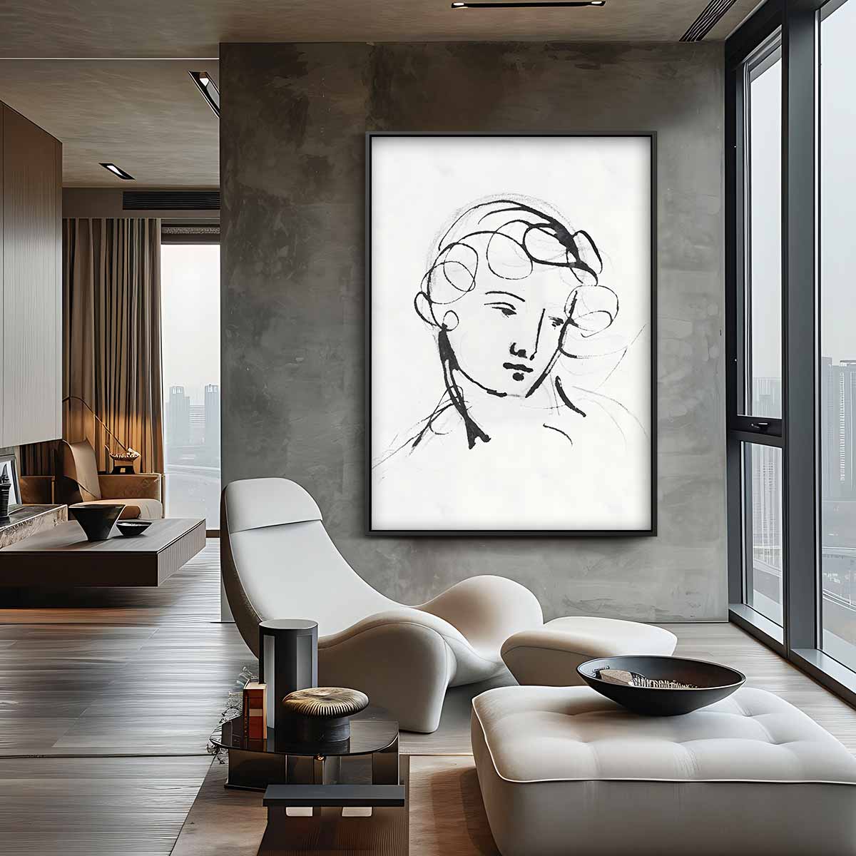 Elegante Lijntekening Portret Kunstwerk-canvas-dibond-plexiglas-wanddecoratie-WallArtistic