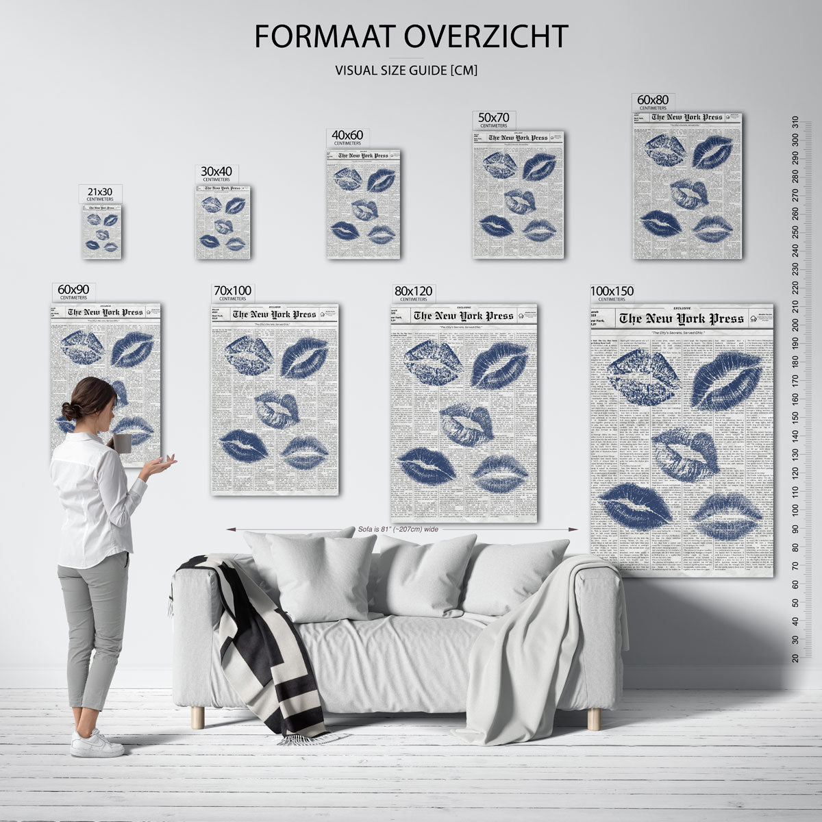 Blauwe lipafdrukken op krantenachtergrond Poster