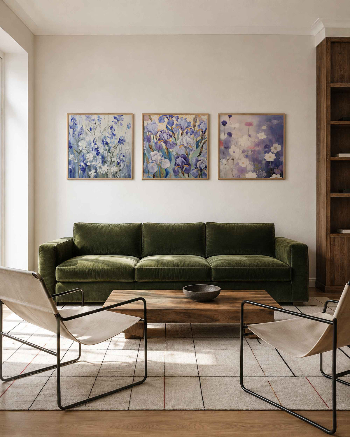 Interieurpresentatie van een driedelige vierkante posterset met blauwe paarse bloemen