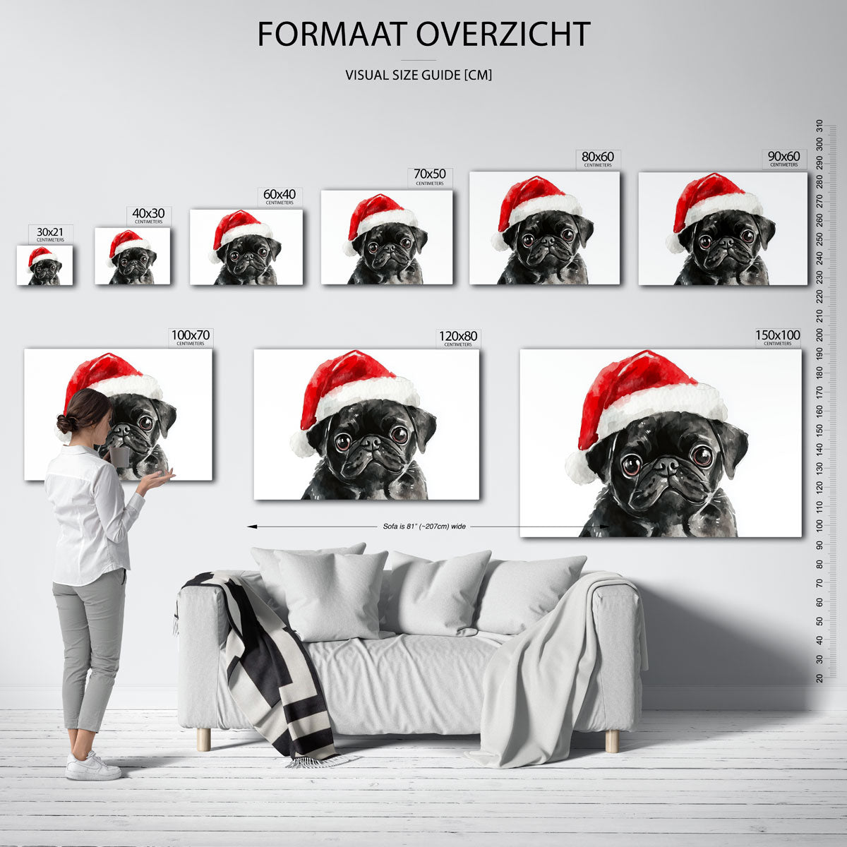 Mopshond met kerstmuts Poster