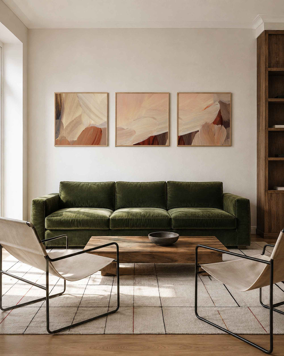 Interieurpresentatie van een driedelige vierkante posterset met warme abstracte vormen