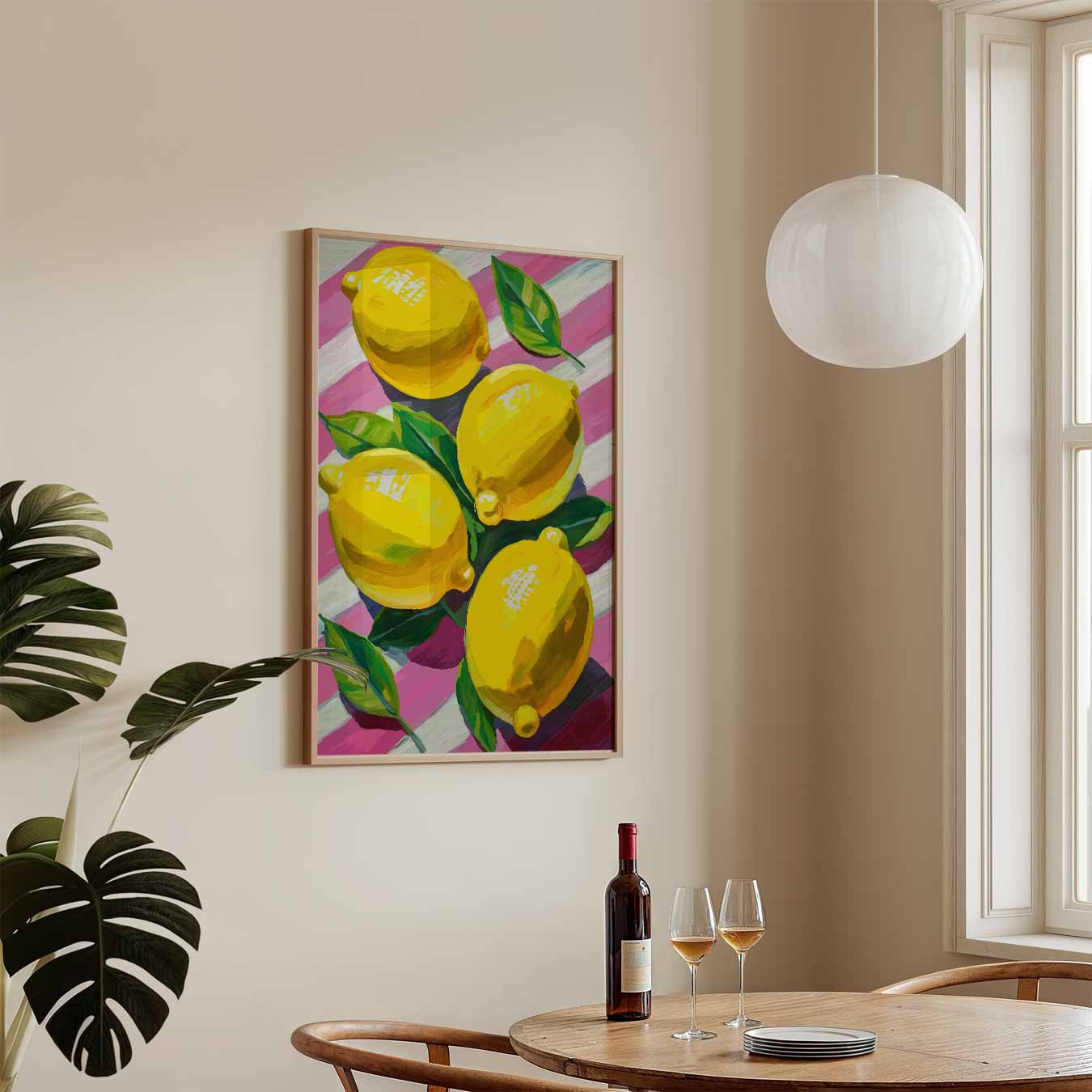 Vrolijke Citroenen op Roze Strepen Poster-WallArtistic